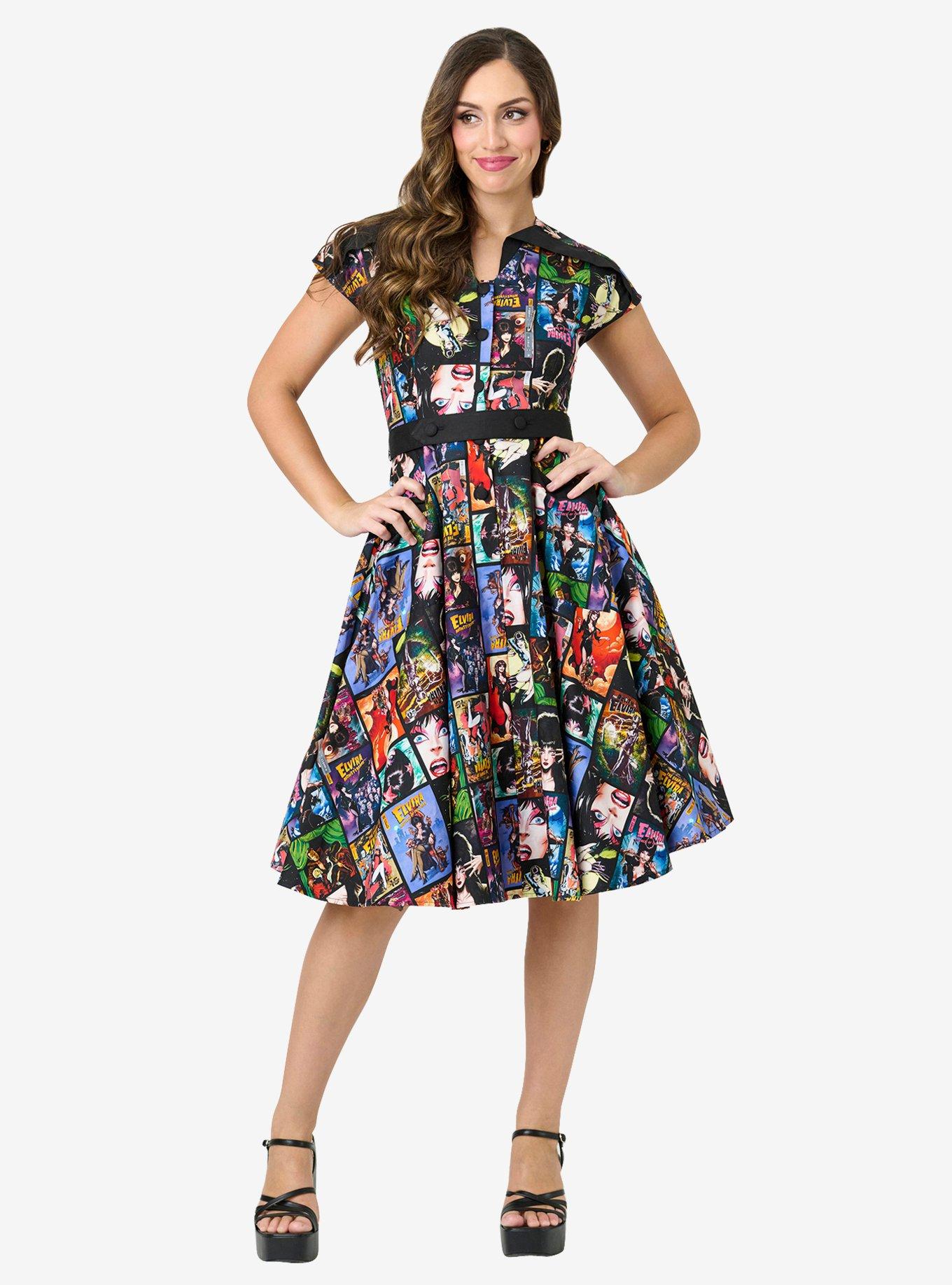 Elvira x Unique Vintage Elvira Comic Print Hedda Swing Dress, , hi-res