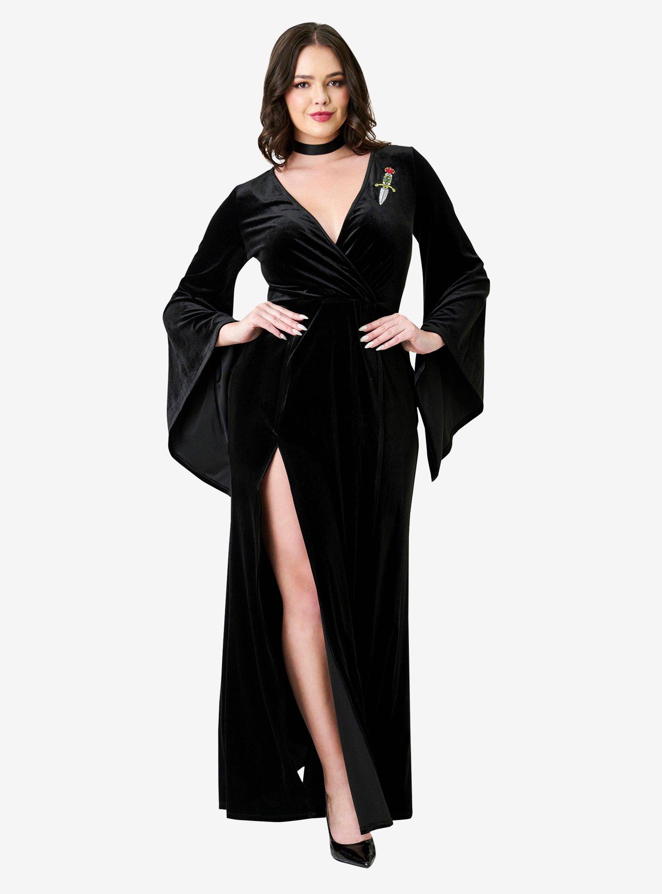 Elvira x Unique Vintage Black Dagger Velvet Maxi Dress, , hi-res