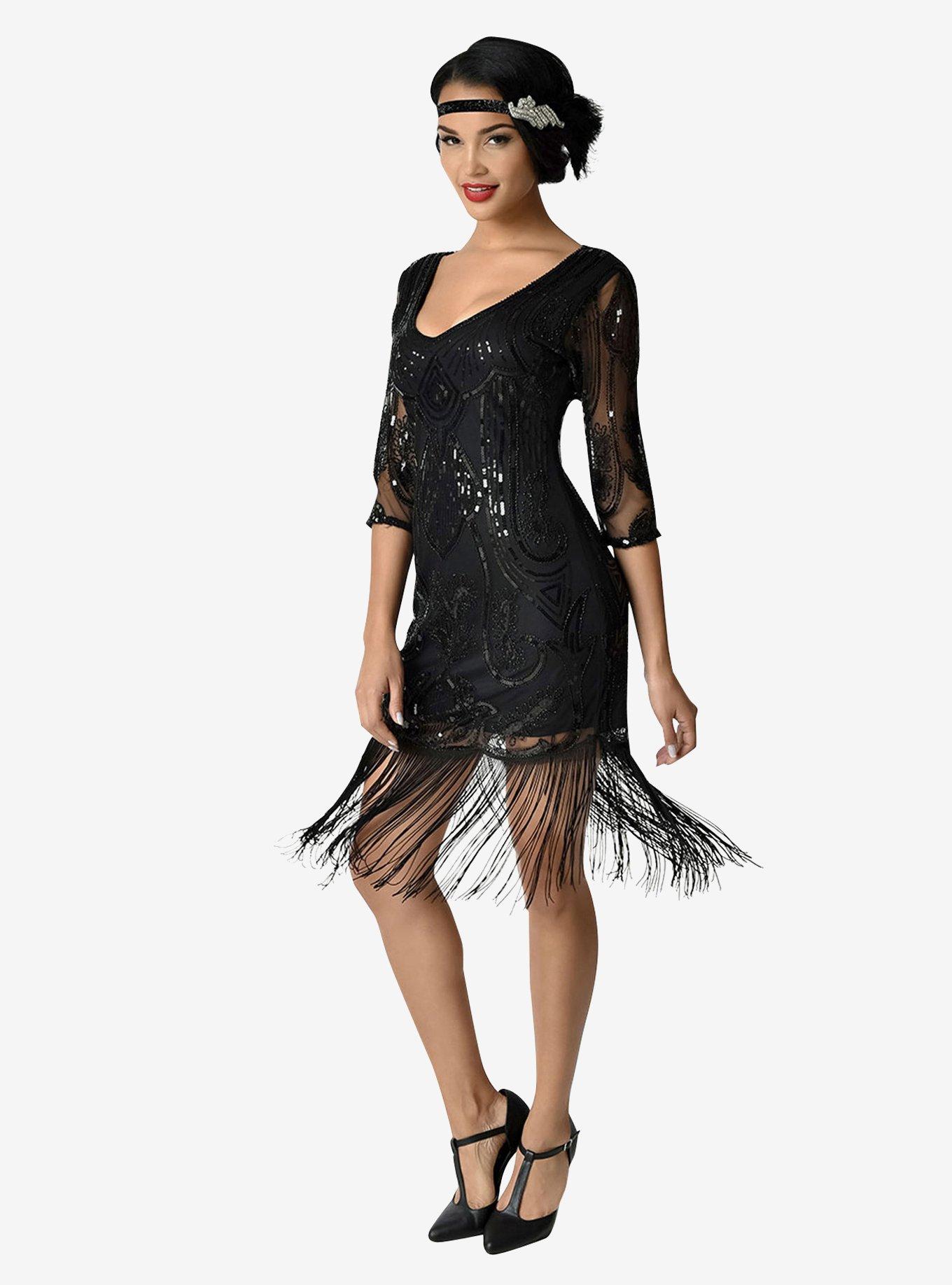 Unique Vintage 1920s Black Beaded & Sequin Margaux Sleeved Fringe Cocktail Dress, , hi-res
