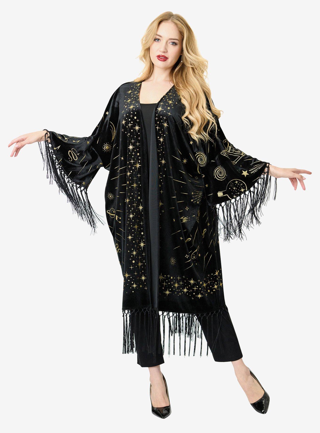 Disney Fantasia Collection by Unique Vintage Sorcerers Apprentice Black Velvet Fringe Kimono