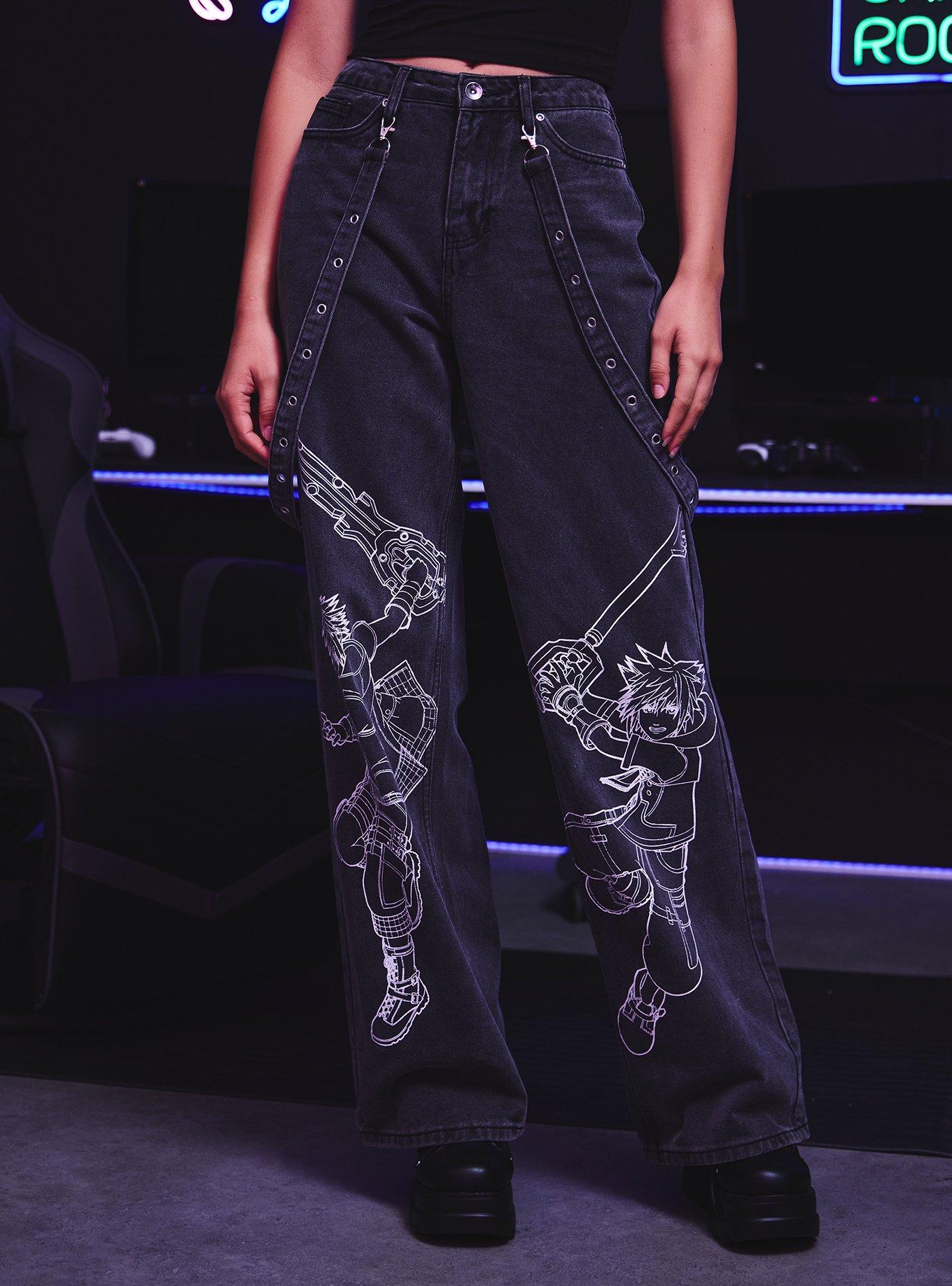 Her Universe Disney Kingdom Hearts Line Art Grommet Strap Wide Leg Jeans