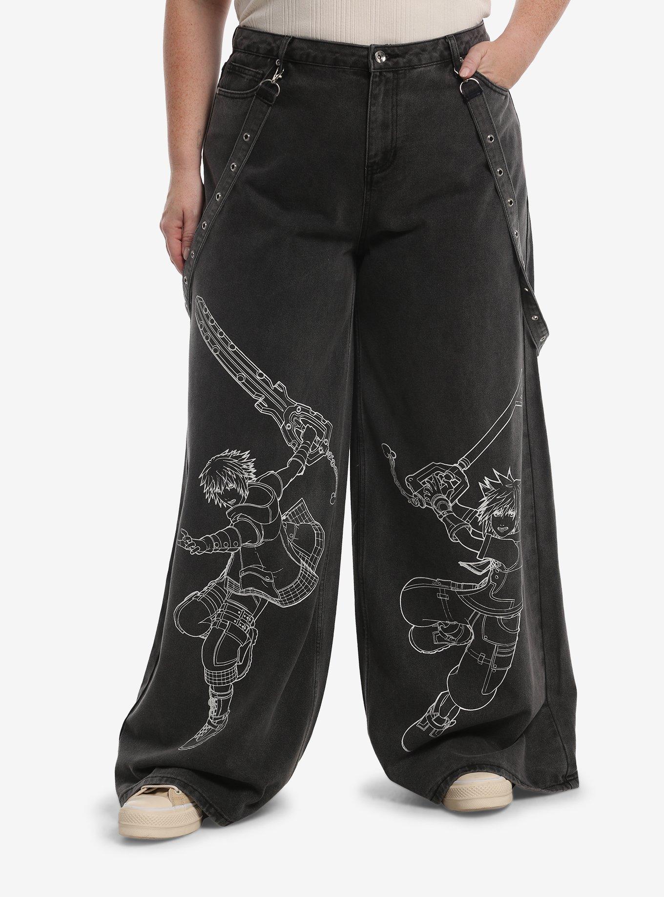 Her Universe Disney Kingdom Hearts Line Art Grommet Strap Wide Leg Jeans Plus Size