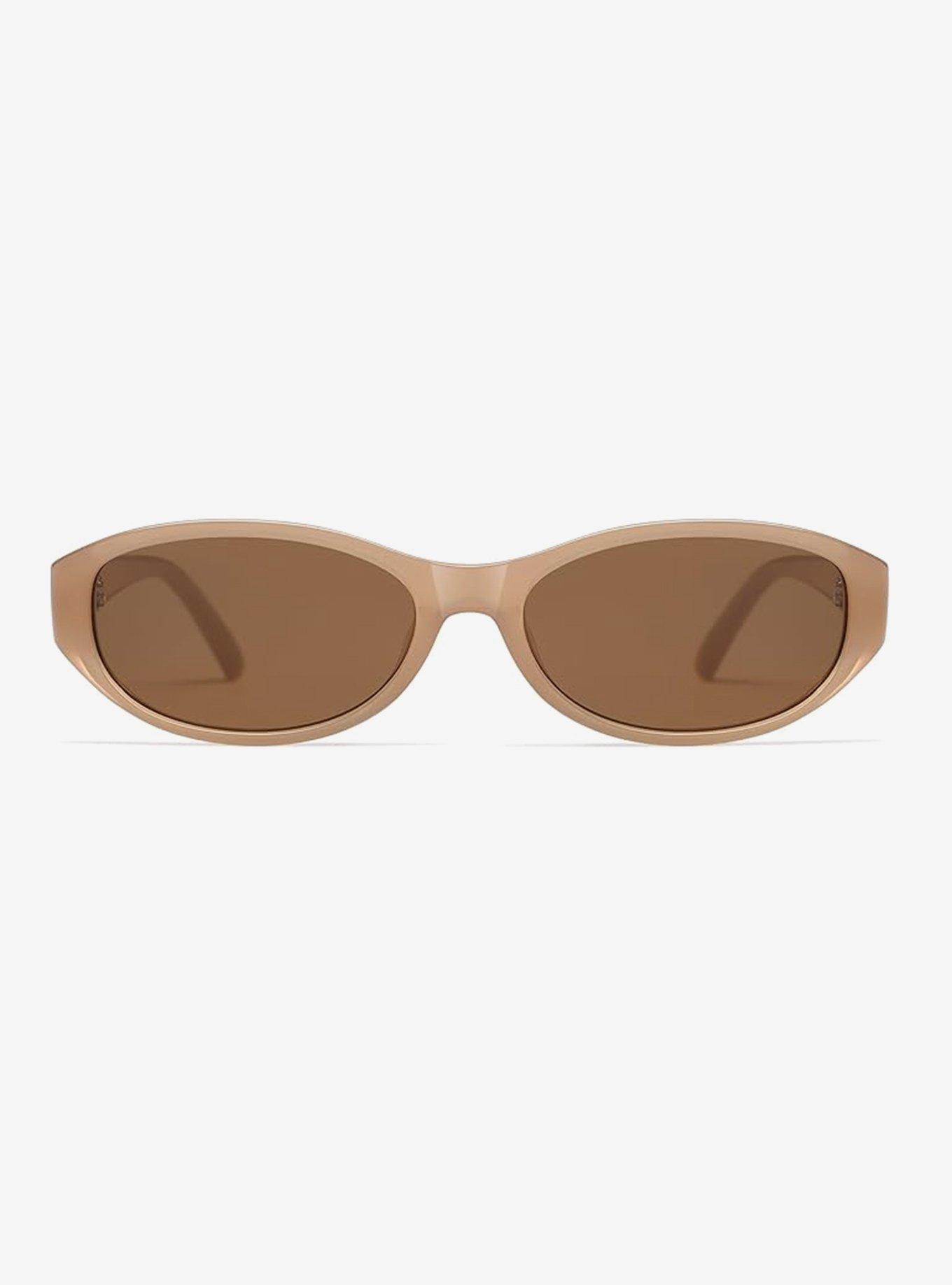 Tan-framed oval sunglasses with brown lenses, retail packshot on a white background