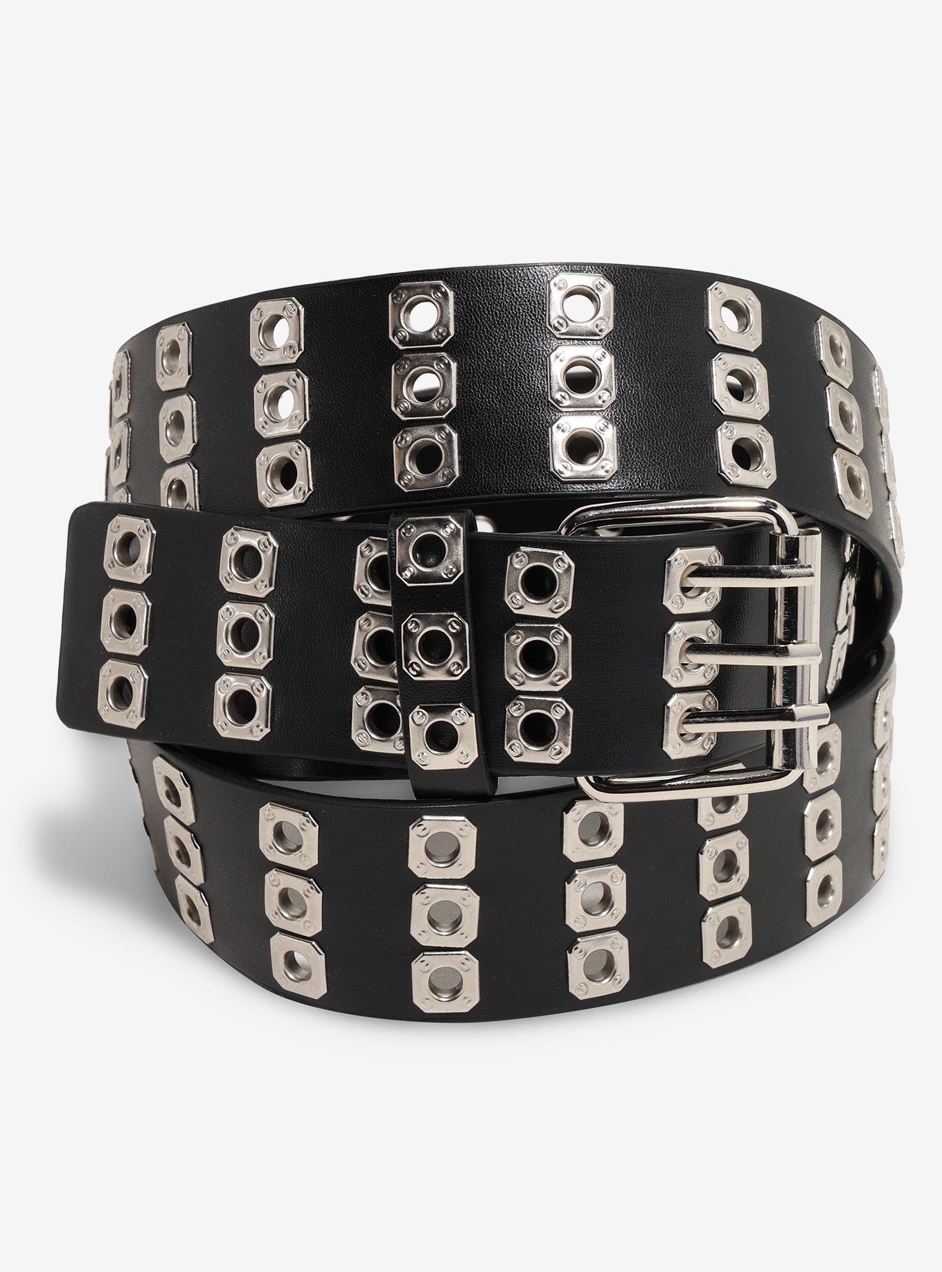 Black leather belt with two aligned rows of silver grommets and a square buckle
