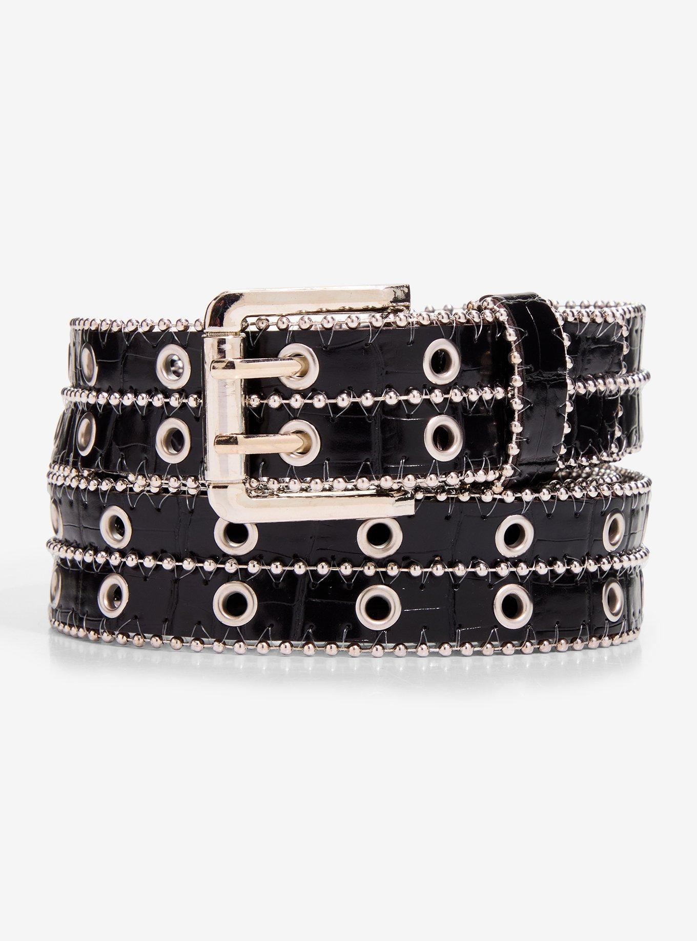 Black Stitched Grommet Belt, , hi-res