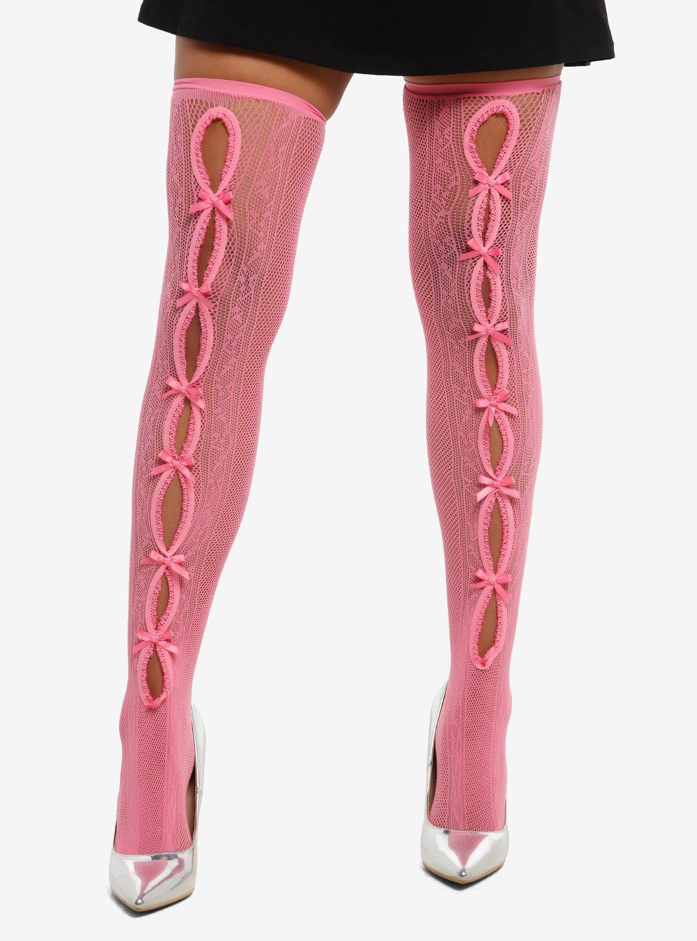 Pink Bow Cutout Fishnet Thigh Highs, , hi-res