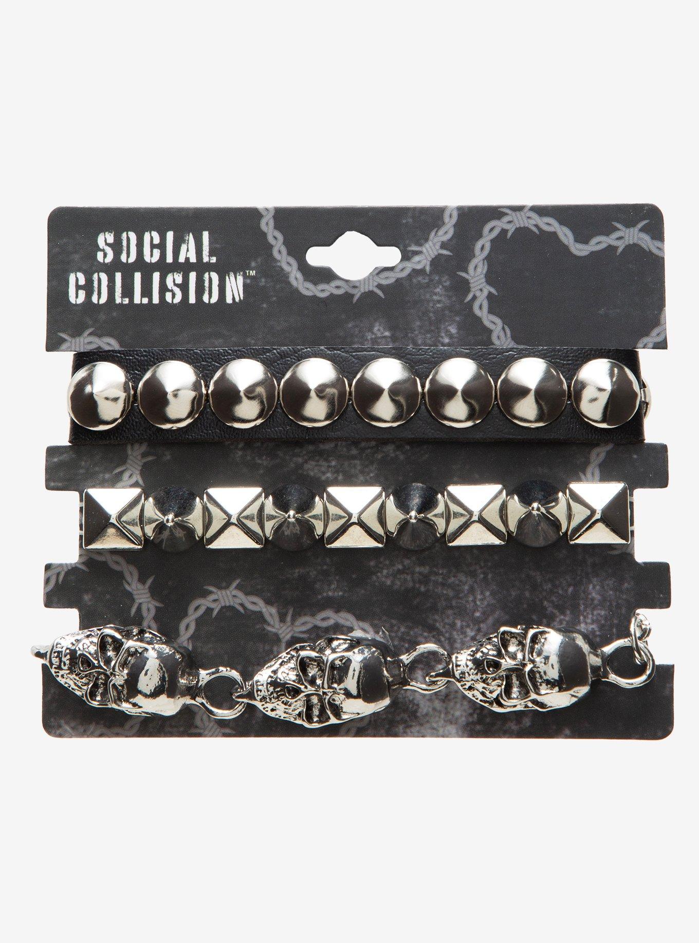 Social Collision Skull Charm Spike Bracelet Set, , hi-res