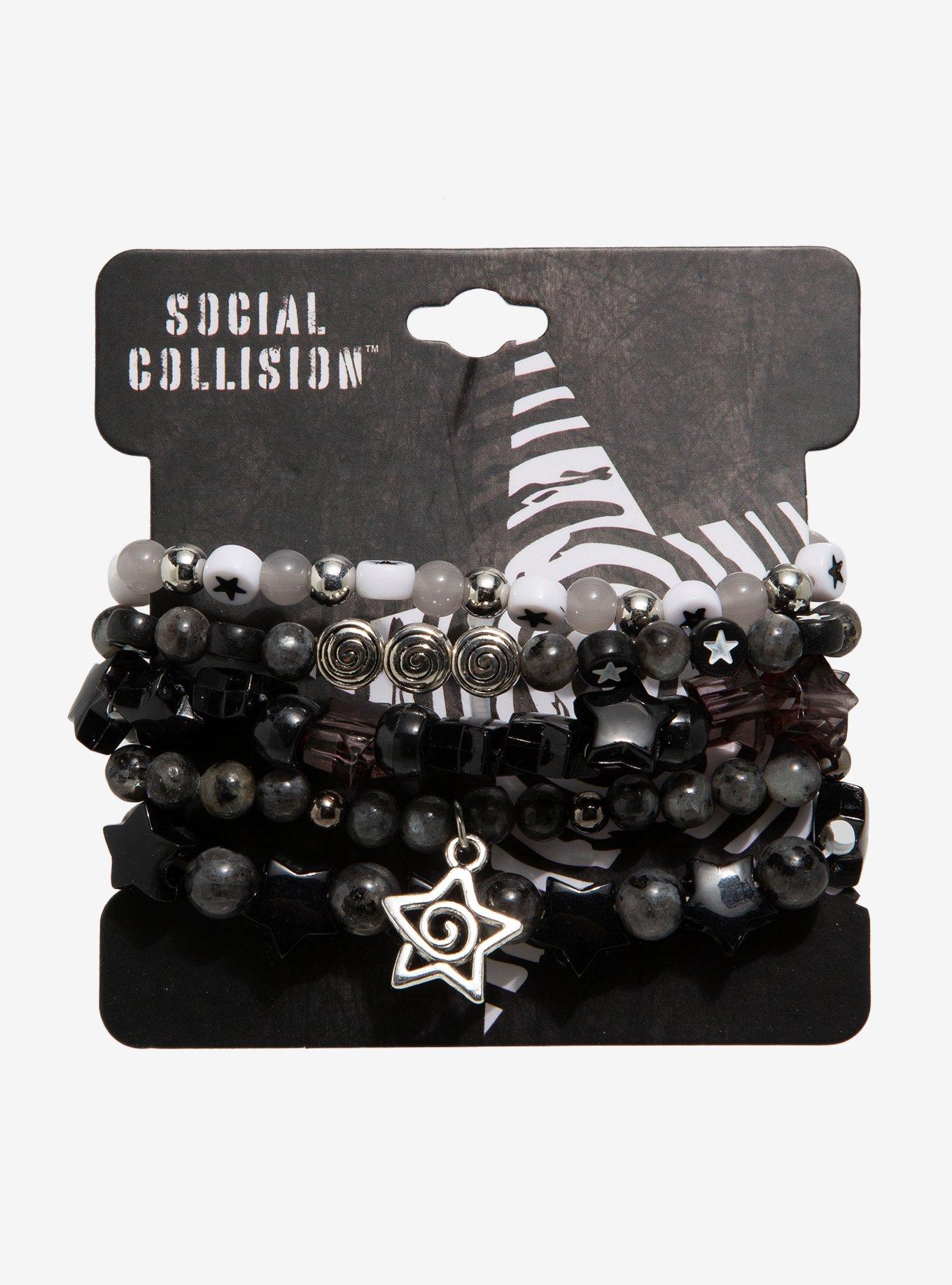 Social Collison Black & Grey Spiral Star Bead Bracelet Set, , hi-res