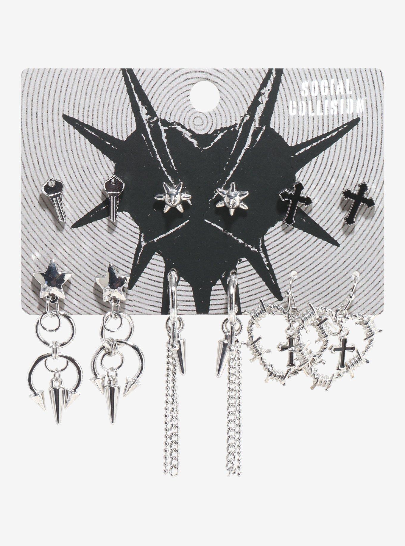 Social Collision Spike Barbed Wire Heart Earring Set, , hi-res