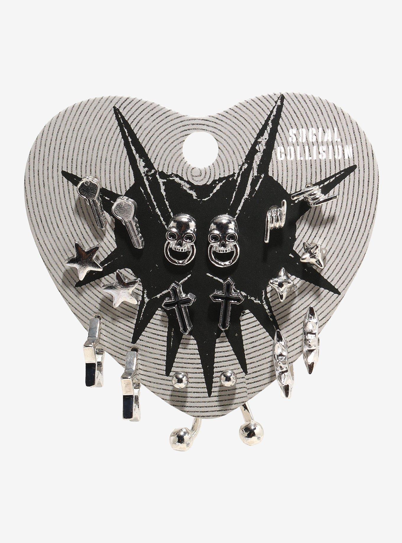 Social Collision Skull Key Spike Stud Earring Set, , hi-res