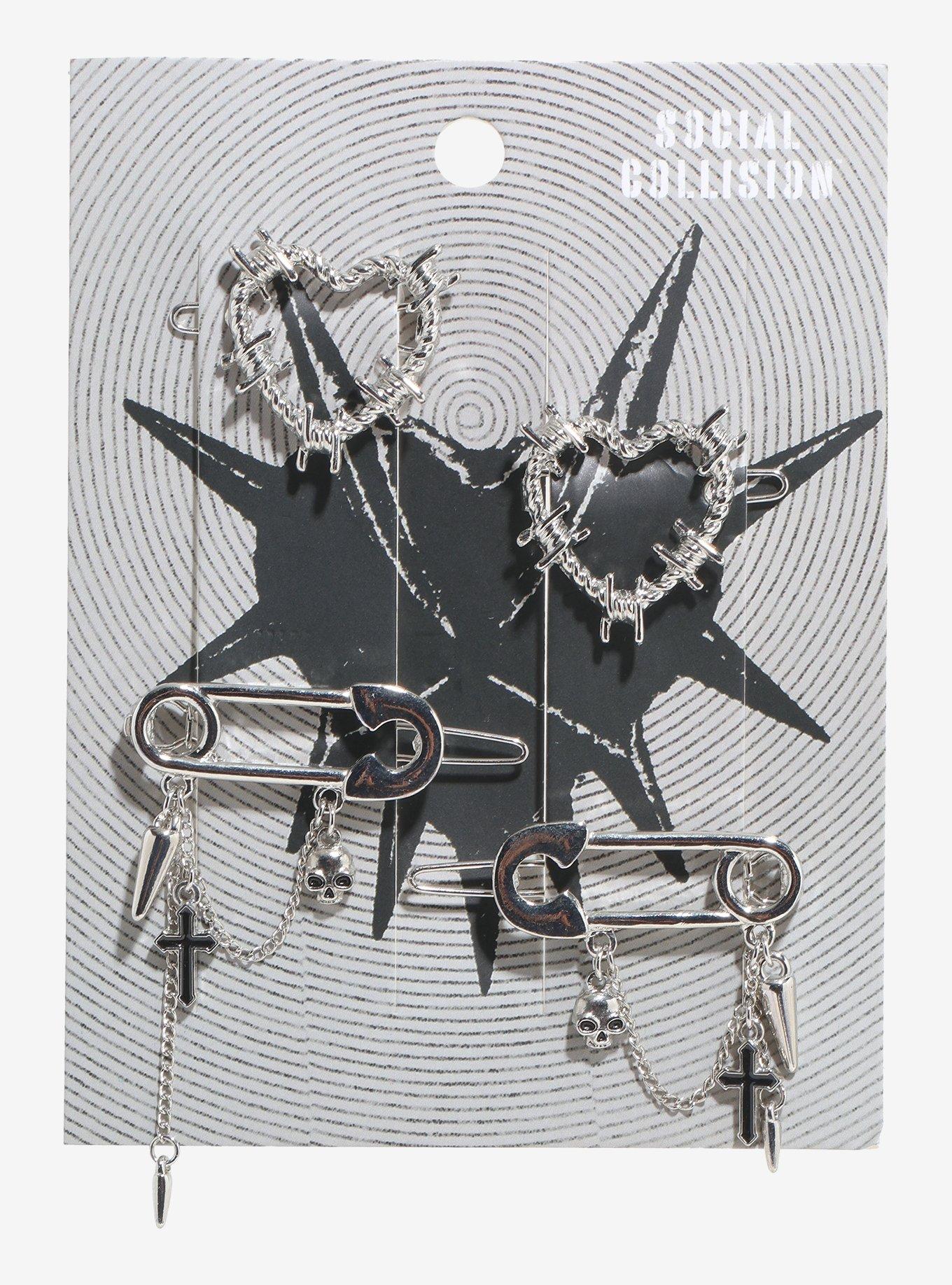 Social Collision Safety Pin Barbed Wire Heart Hair Clip Set, , hi-res