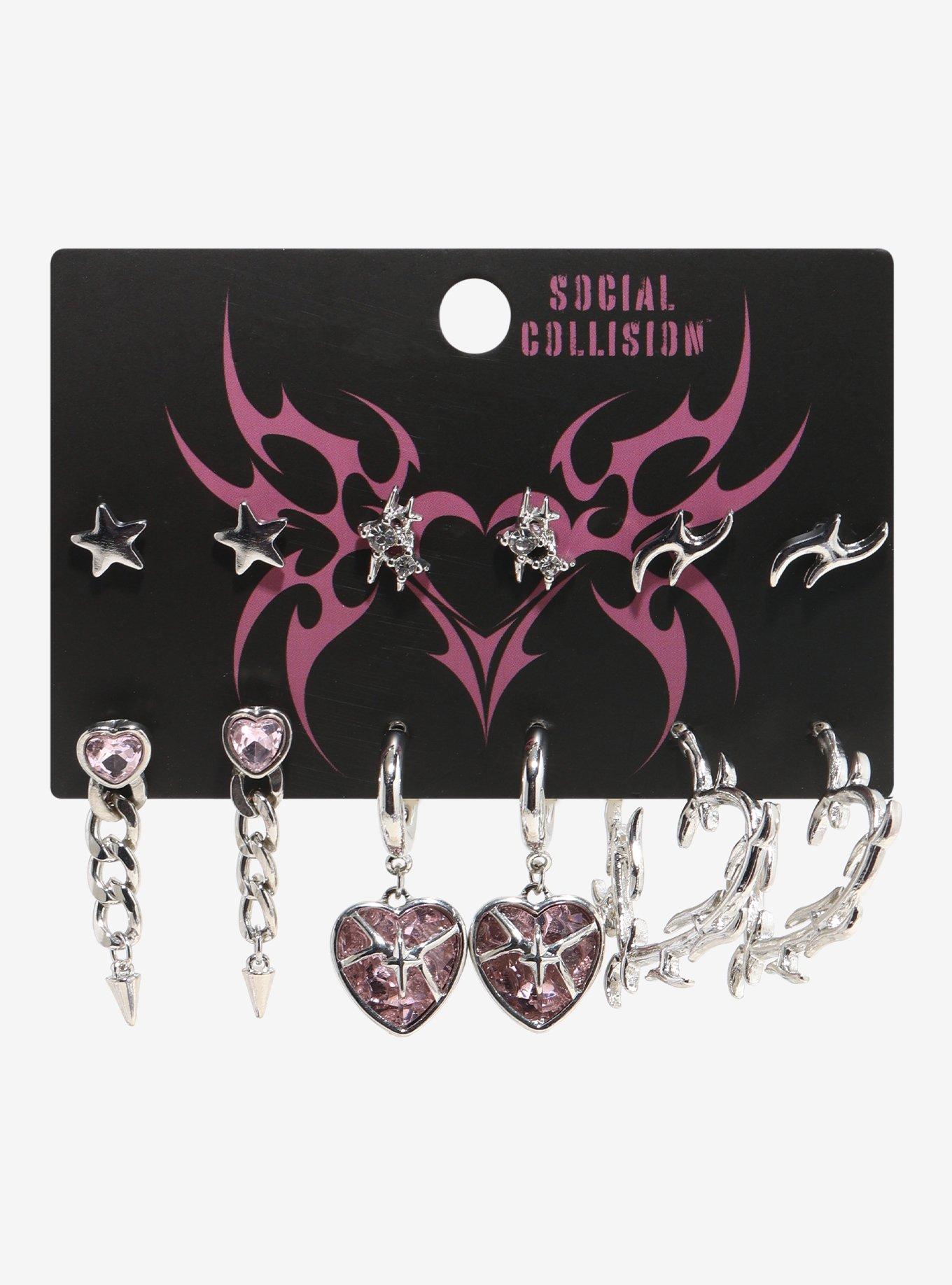 Social Collision Cyber Heart Flame Earring Set, , hi-res