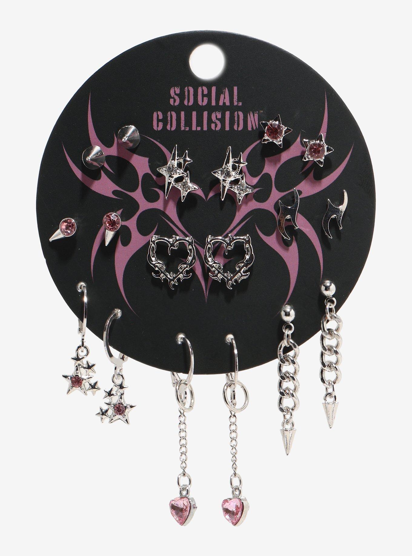 Social Collision Pink Gem Cyber Heart Earring Set, , hi-res