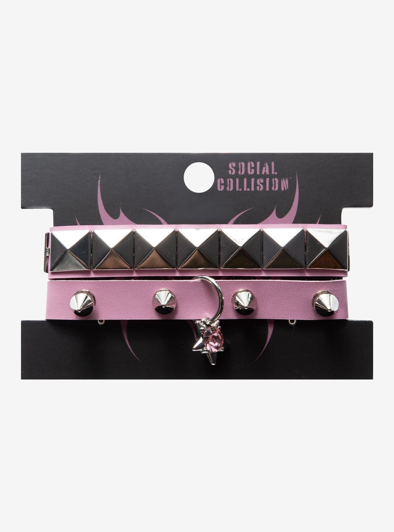Social Collision Pink Pyramid Stud & Spike Cuff Bracelet Set, , hi-res
