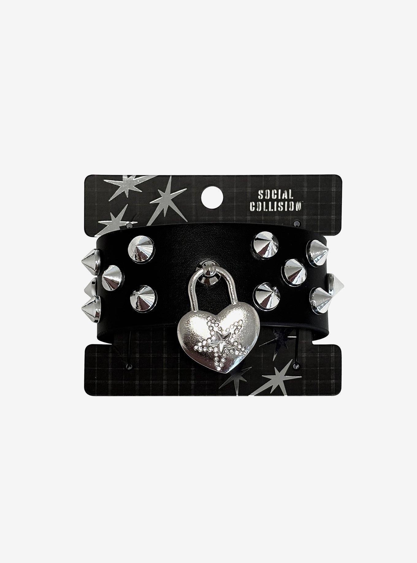 Social Collision Star Heart Padlock Spiky Cuff Bracelet, , hi-res