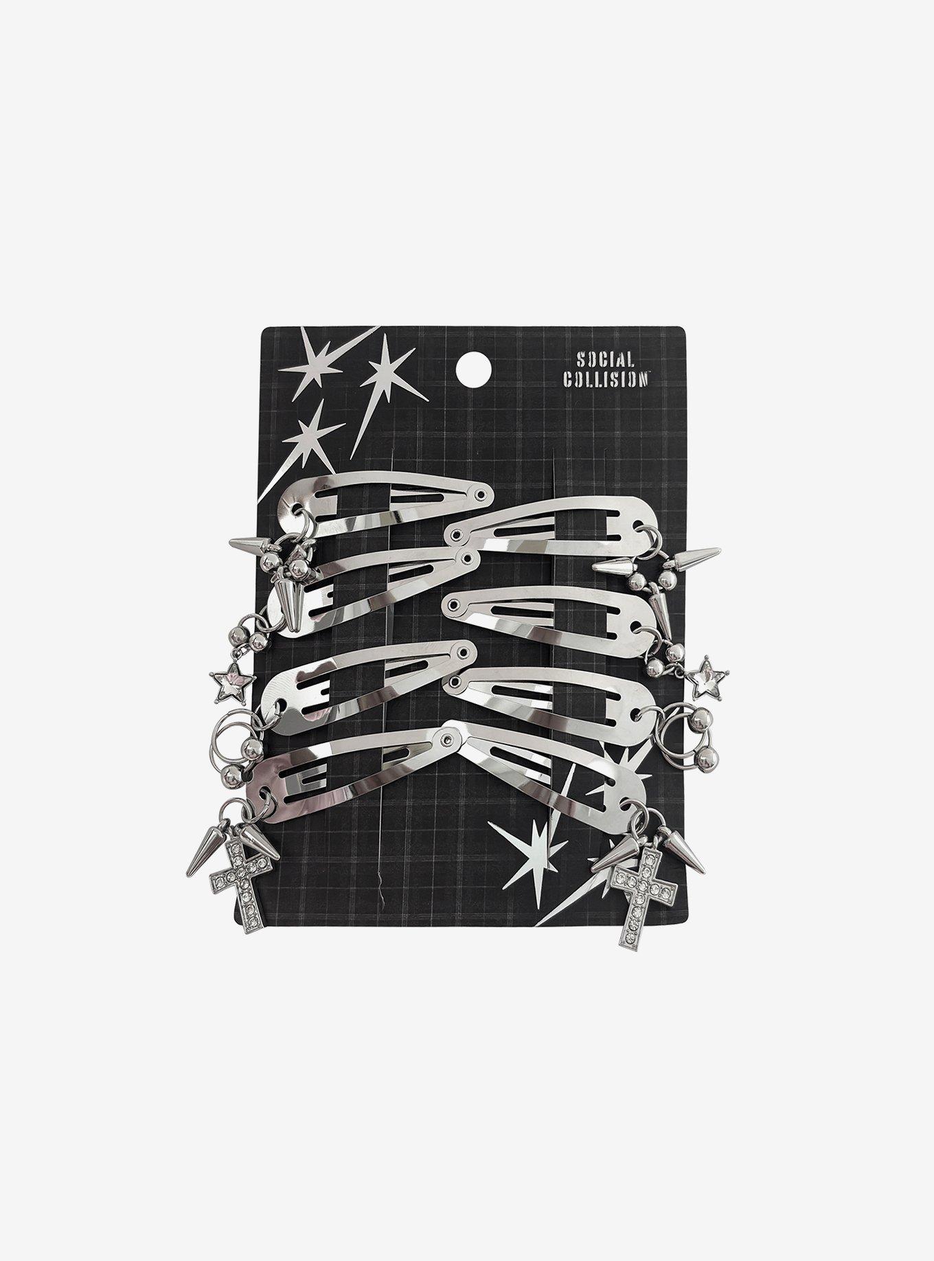 Social Collision Silver Spike Star Cross Hair Clip Set, , hi-res