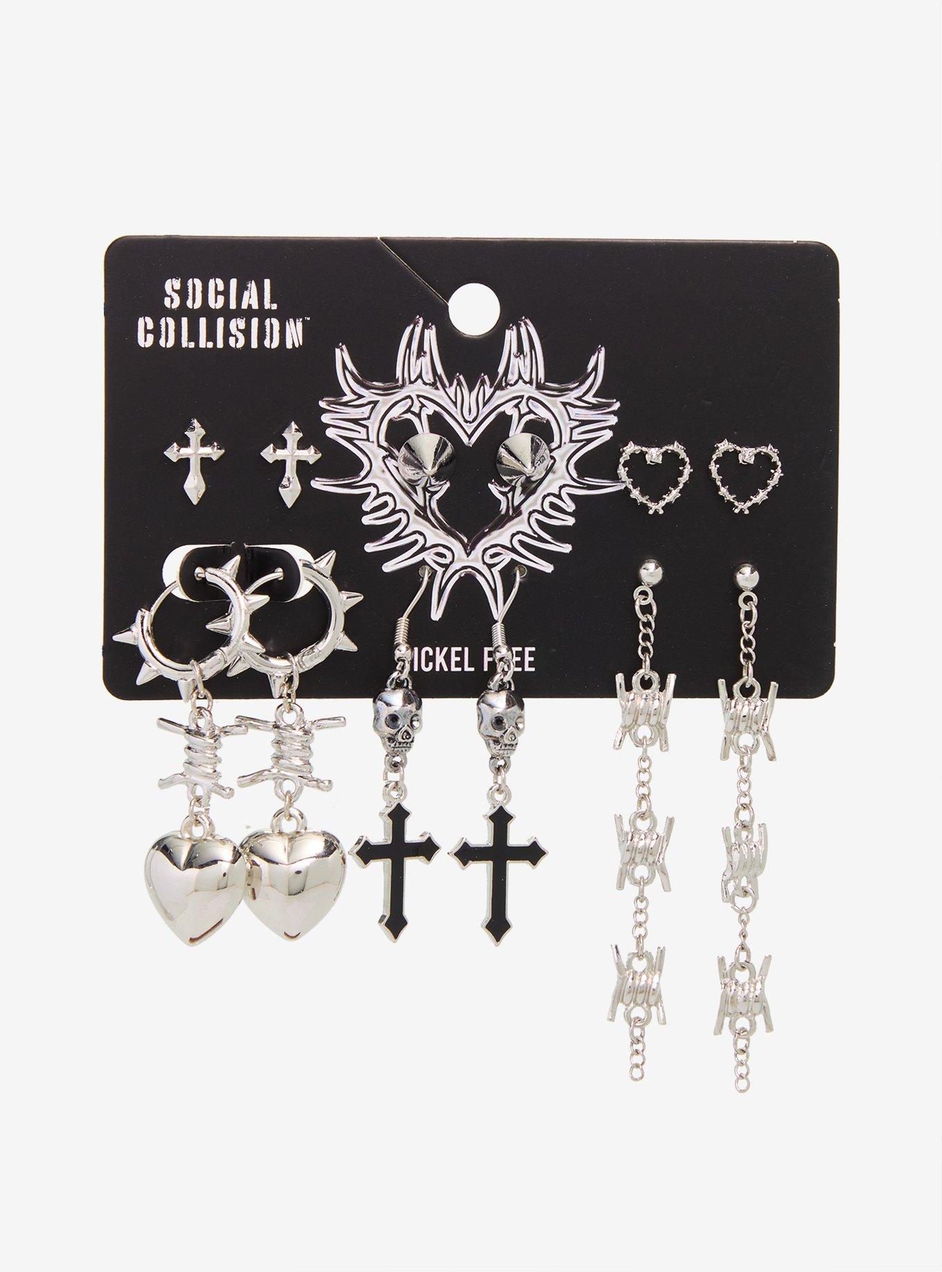 Social Collision Spike Skull Barbed Wire Earring Set, , hi-res