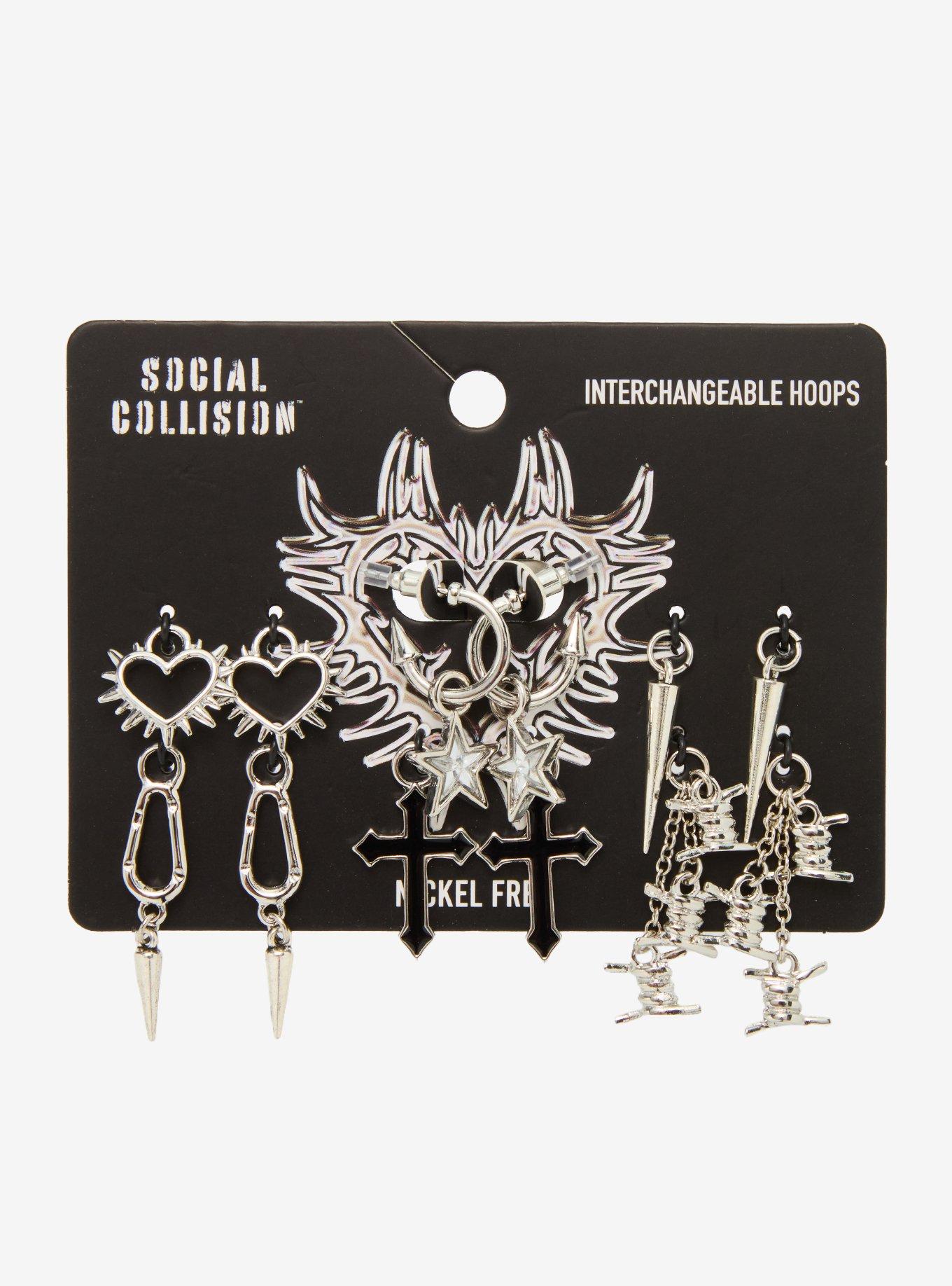 Social Collision Cross Spike Carabiner Interchangeable Charms Hoop Earrings, , hi-res