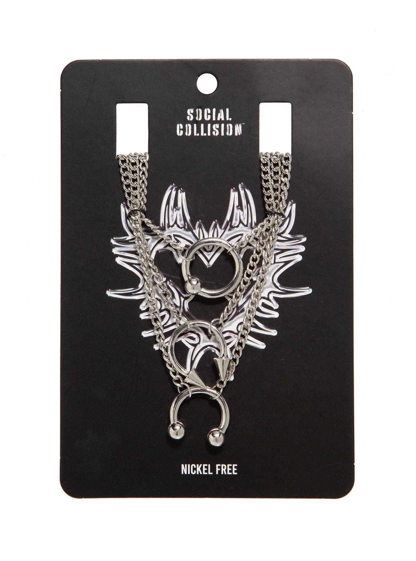 Social Collision Silver Circular Barbell Necklace Set, , hi-res