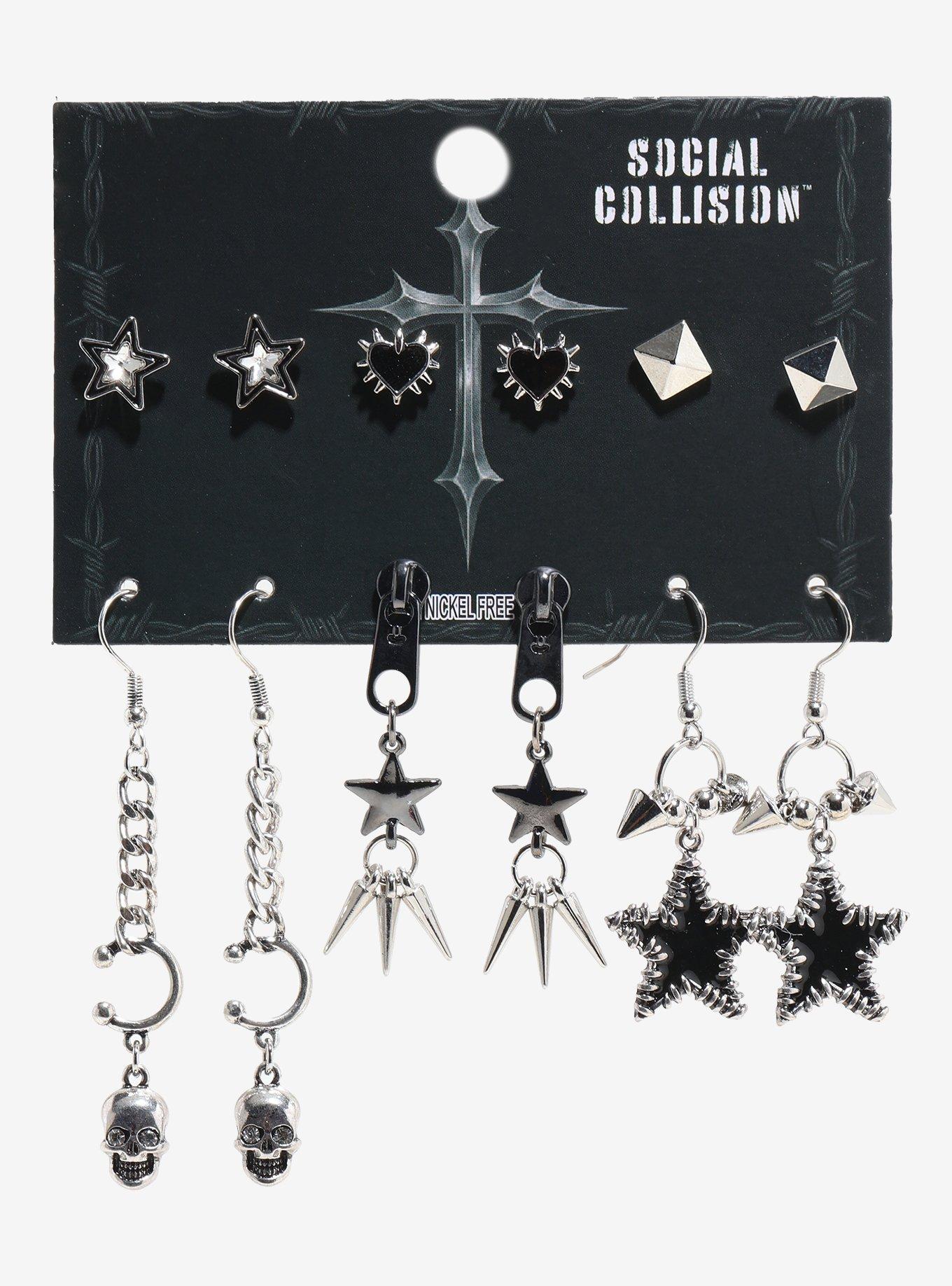 Social Collision Barbed Wire Star Heart Skull Earring Set, , hi-res