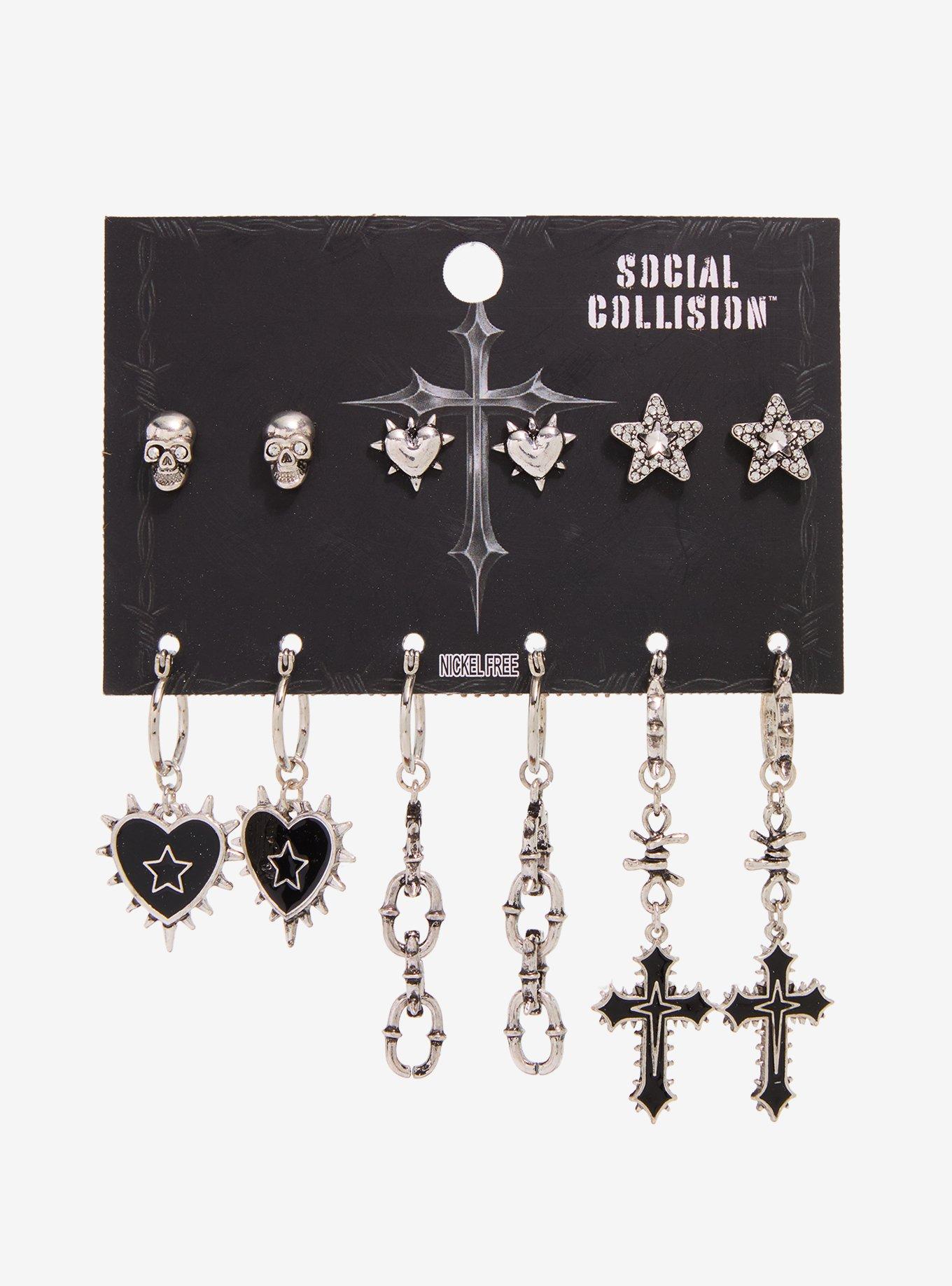 Social Collision Spiked Heart Cross Earring Set, , hi-res