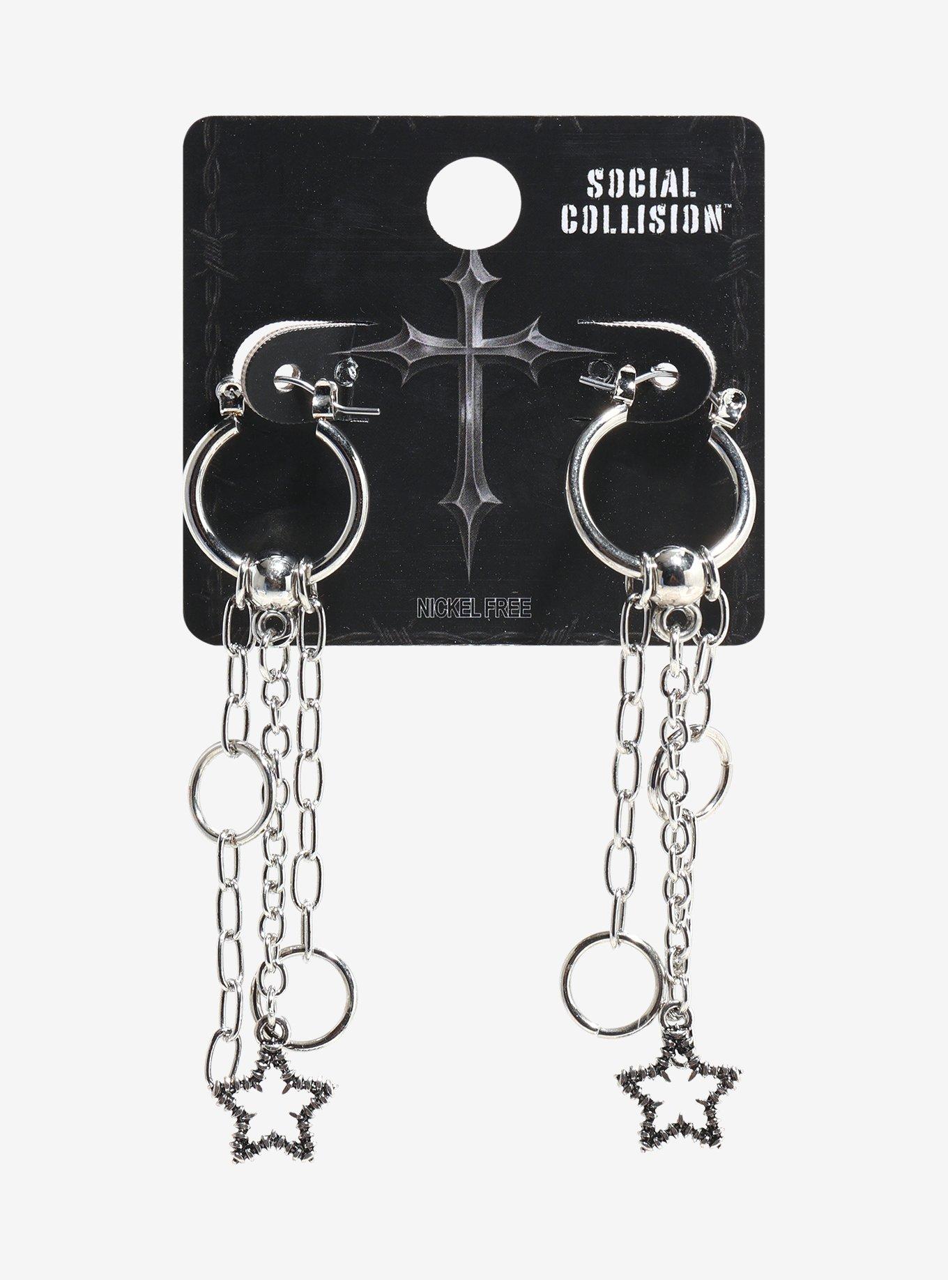 Social Collision Star Barbed Wire Chain Hoop Earrings, , hi-res