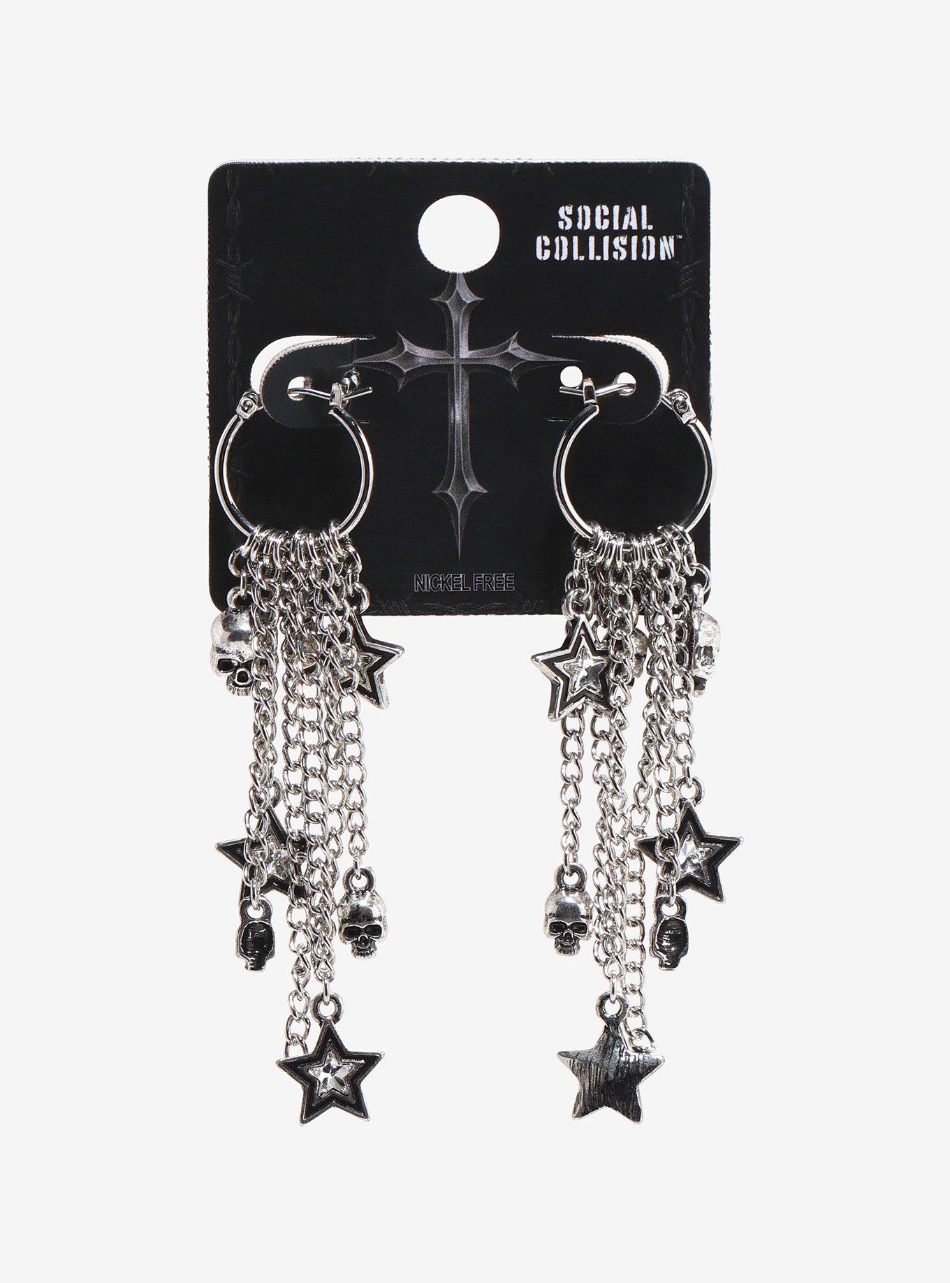 Social Collision Star & Skull Charm Huggie Hoops, , hi-res