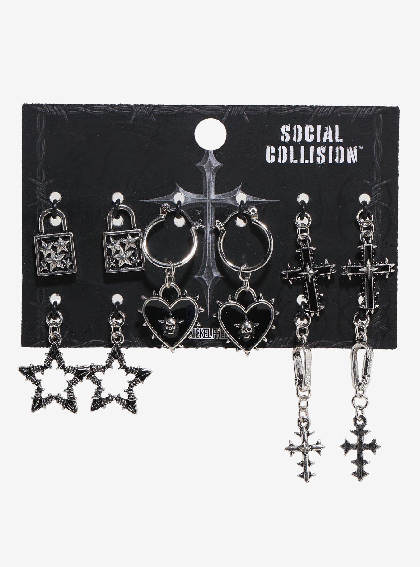 Social Collision Spike Heart Cross Star Interchangeable Charm Earring Set, , hi-res
