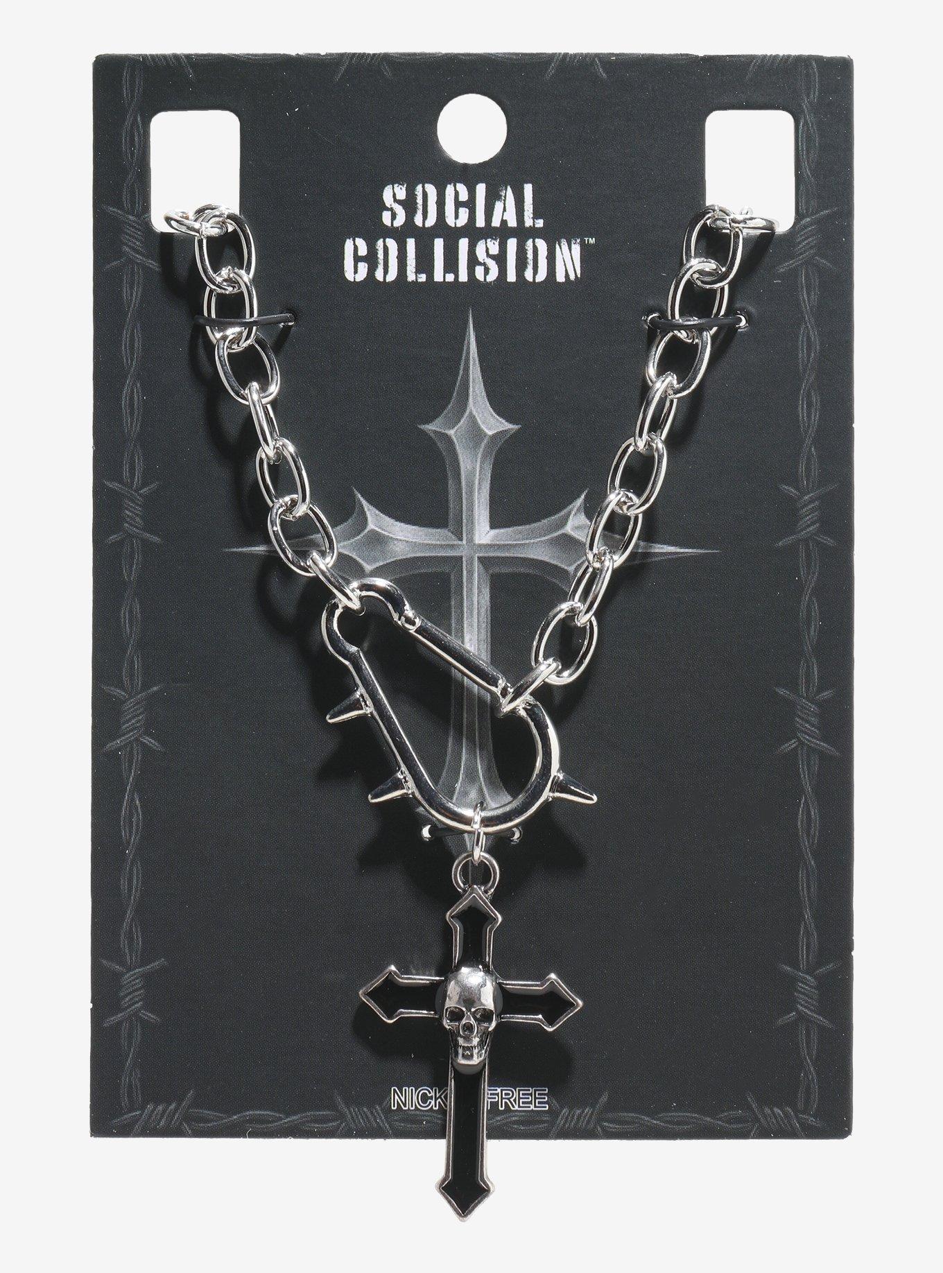Social Collision Spike Carabiner Cross Necklace, , hi-res