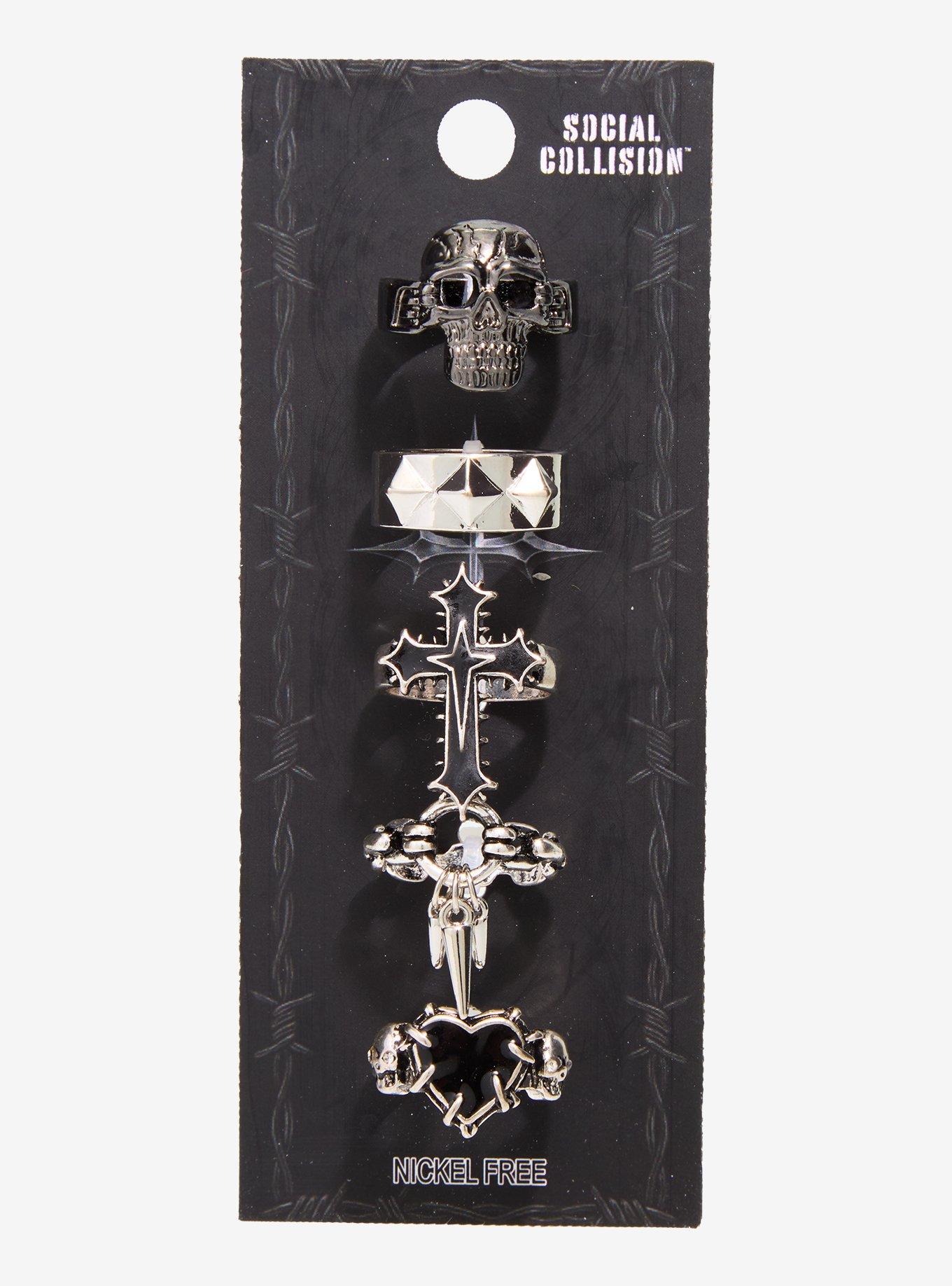 Social Collision Skull Cross Spike Statement Ring Set, , hi-res