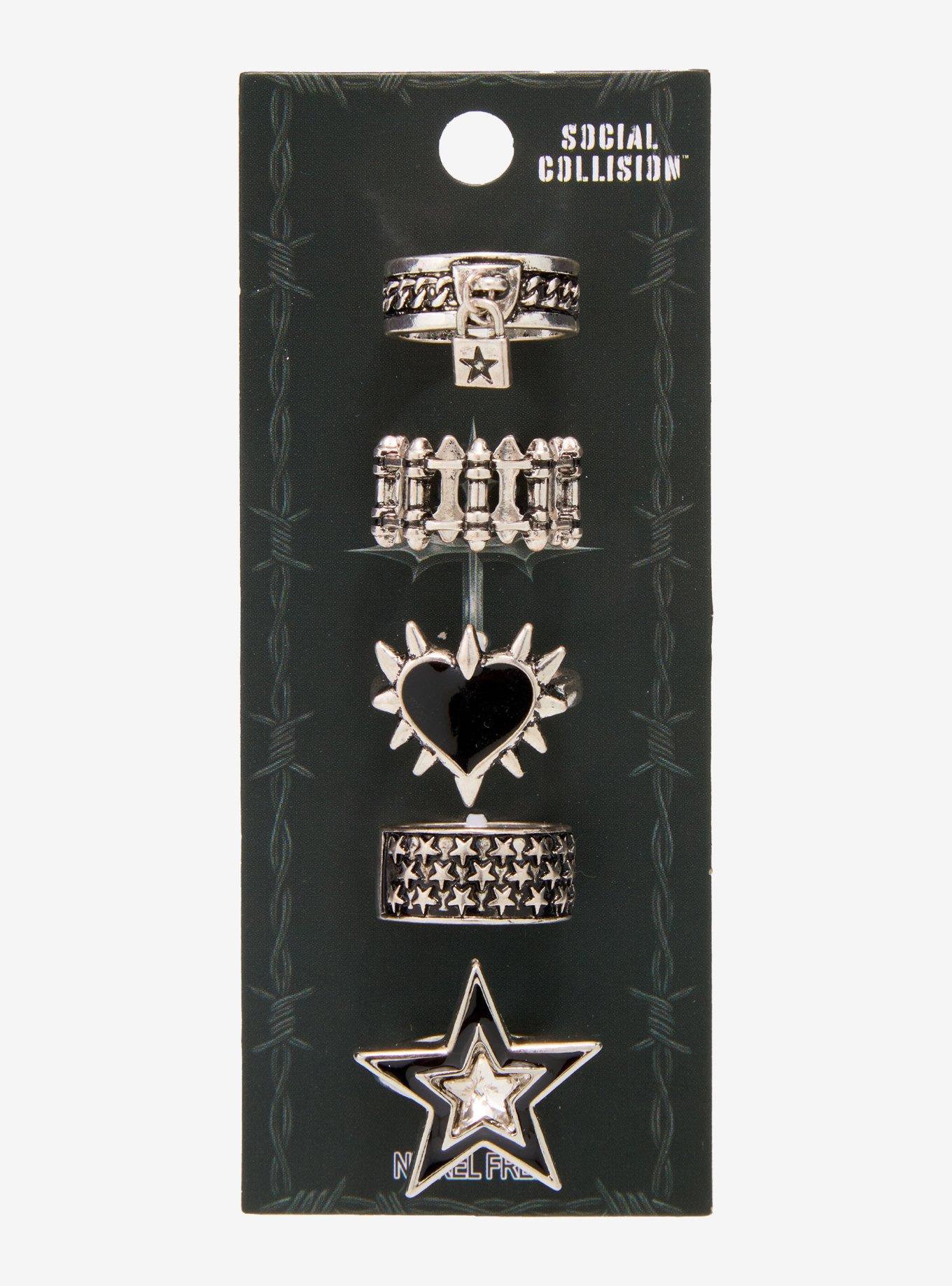 Social Collision Spike Heart Star Ring Set, , hi-res