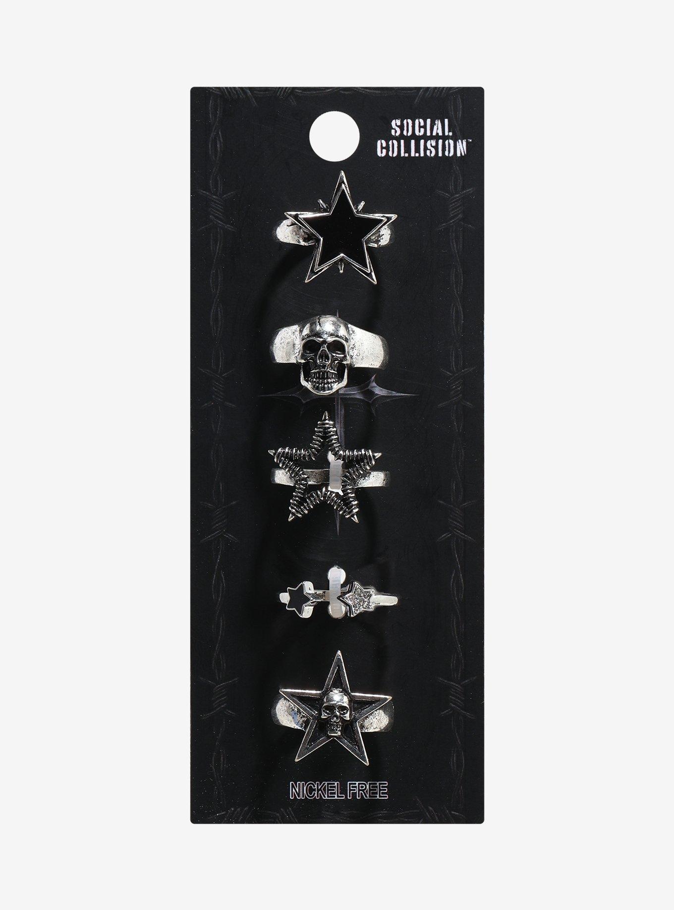 Social Collision Barbed Wire Star Skull Ring Set, , hi-res