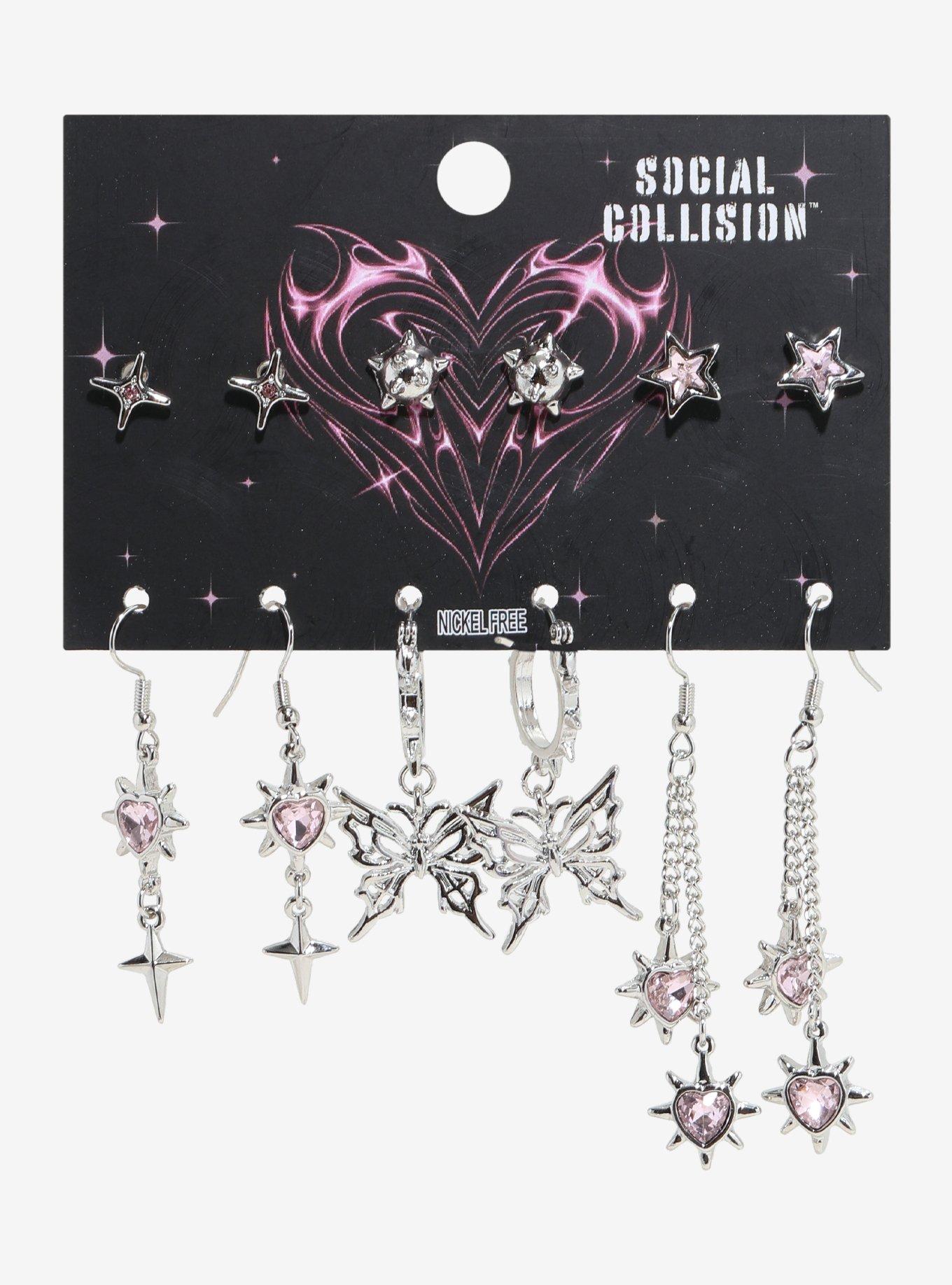 Social Collision Pink Gem Heart Star Earring Set, , hi-res