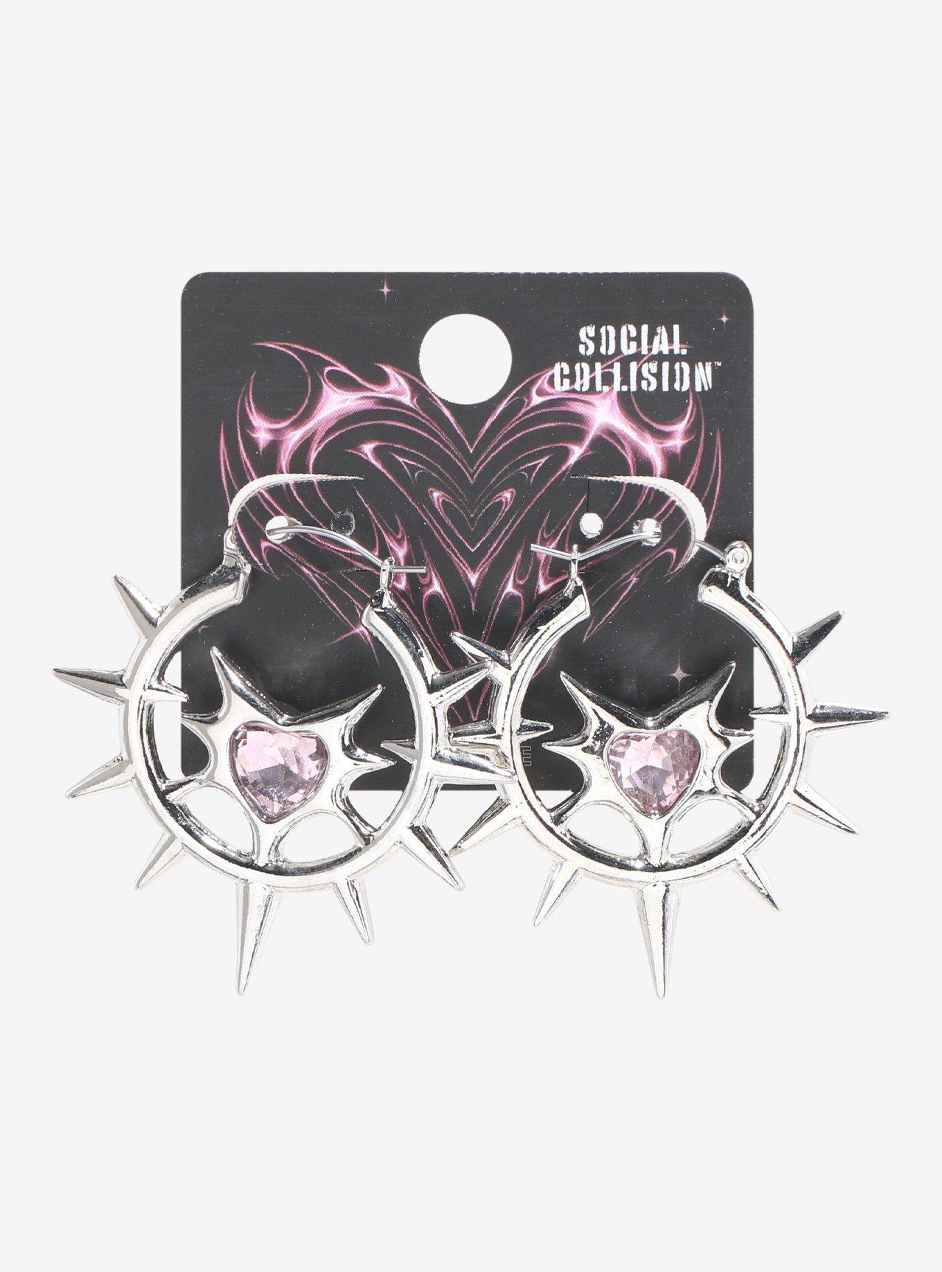 Social Collision Spike Cyber Heart Hoop Earrings, , hi-res