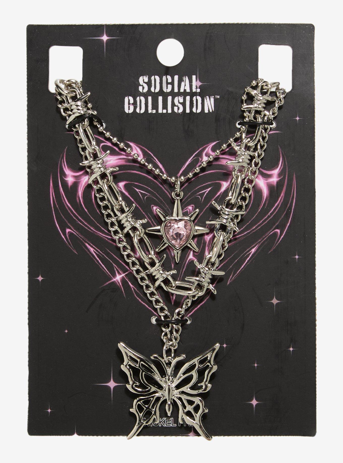 Social Collision Barbed Wire Butterfly Necklace Set, , hi-res