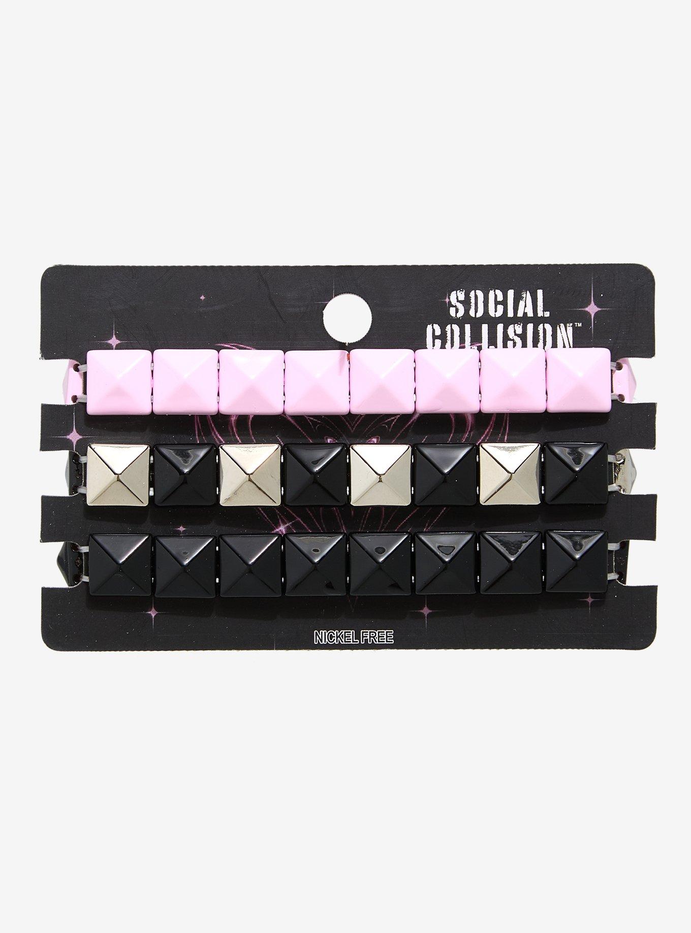 Social Collision Black & Pink Pyramid Stud Bracelet Set, , hi-res