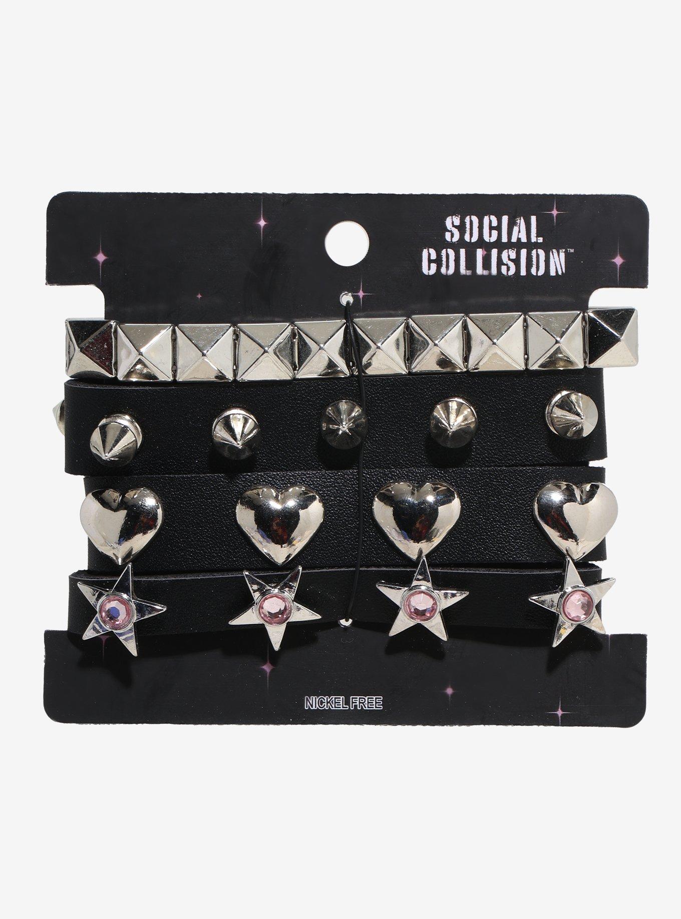 Social Collision Heart Star Stud Faux Leather Bracelet Set, , hi-res