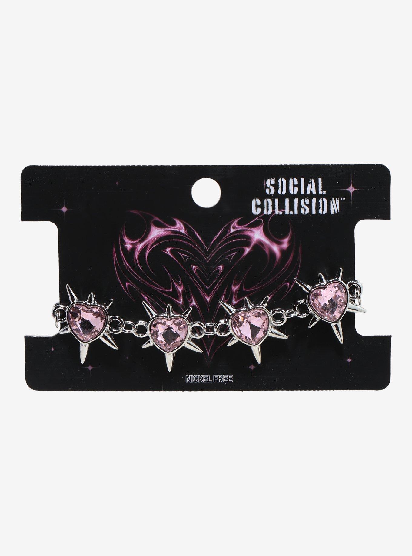 Social Collision Spiky Pink Hearts Charm Bracelet, , hi-res