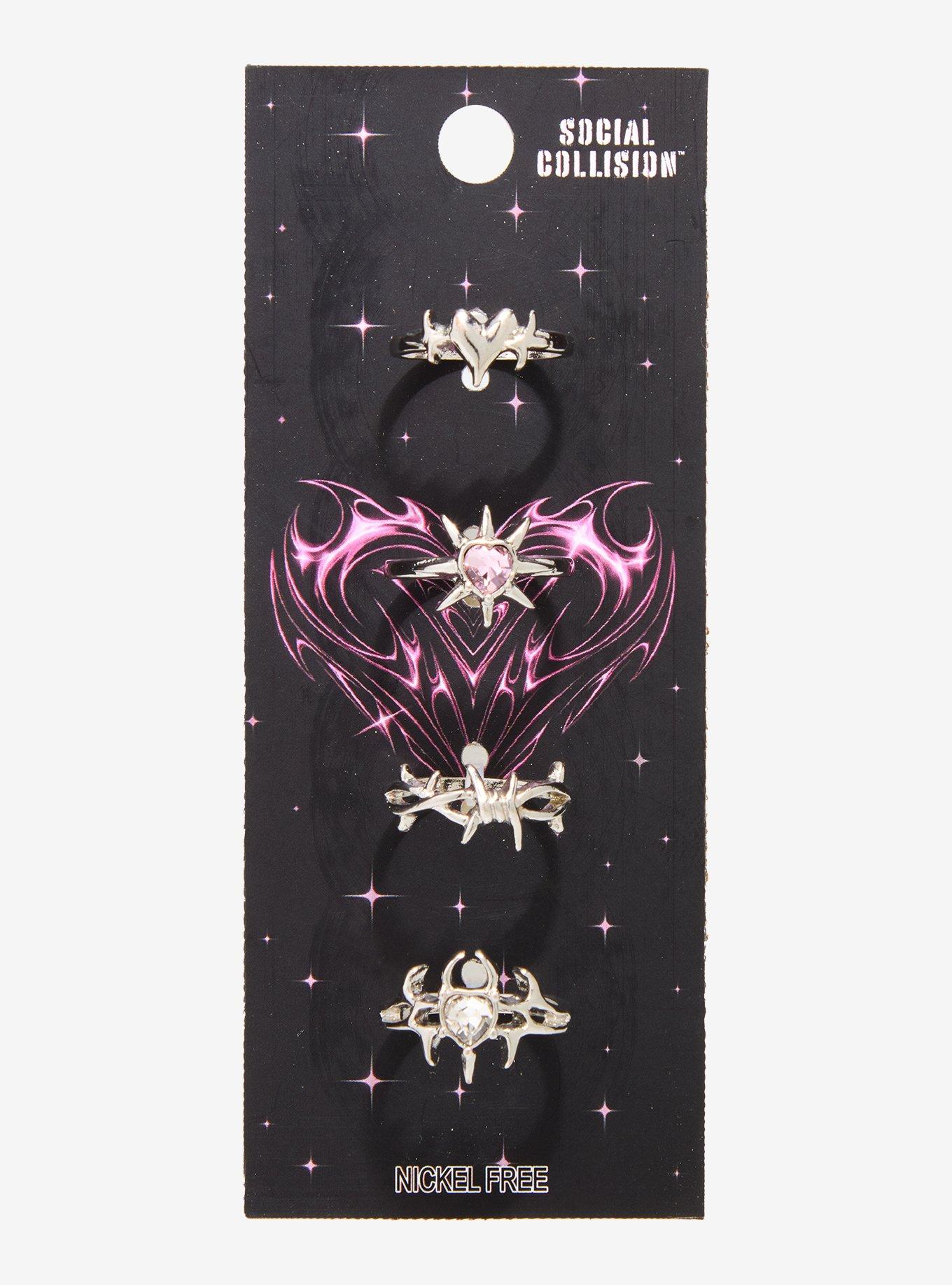 Social Collision Pink Heart Chrome Ring Set, , hi-res