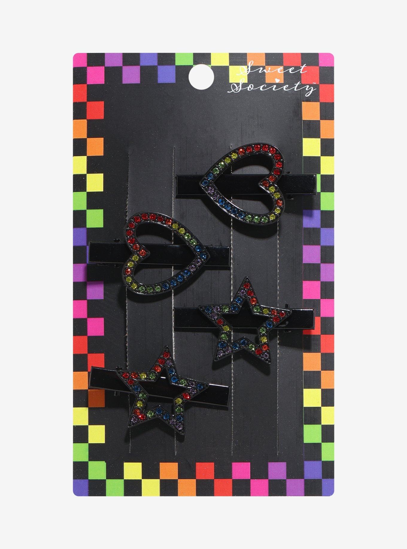 Sweet Society Rhinestone Rainbow Hearts & Stars Hair Clip Set, , hi-res
