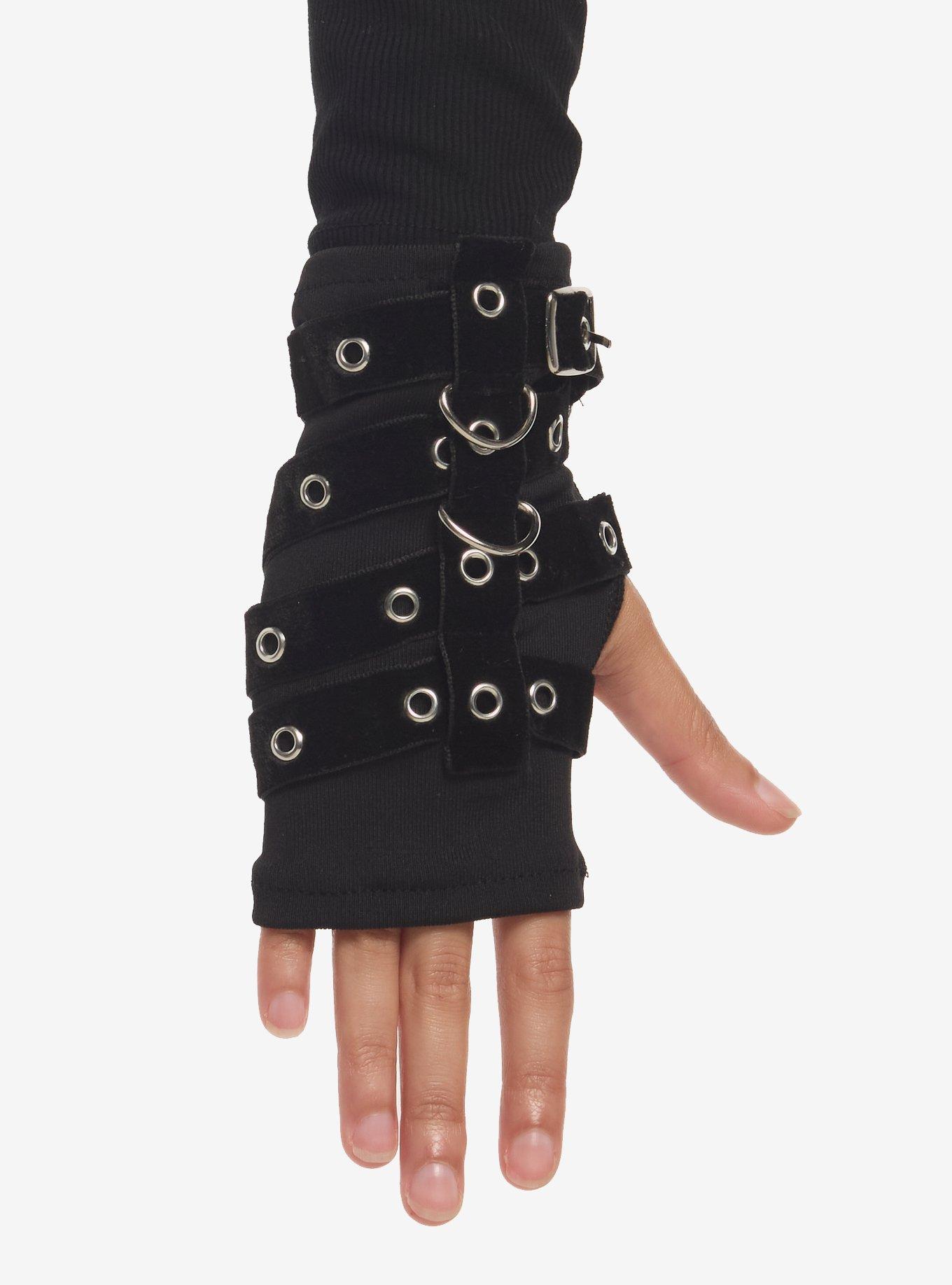 Black Grommet Strap Arm Warmers, , hi-res