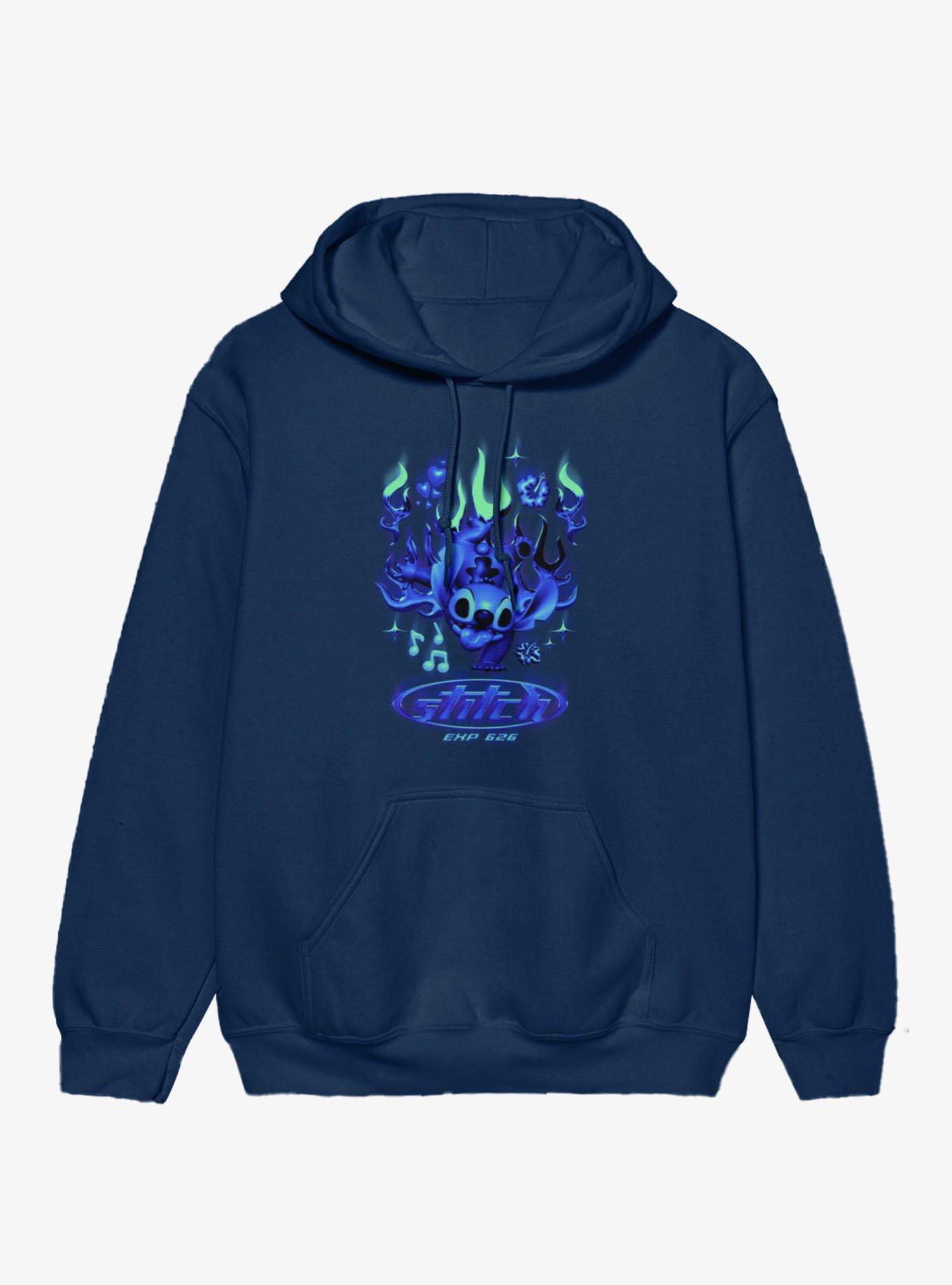 Disney Lilo & Stitch Stitch Y2K Blue Chrome Flames Hoodie, NAVY, hi-res