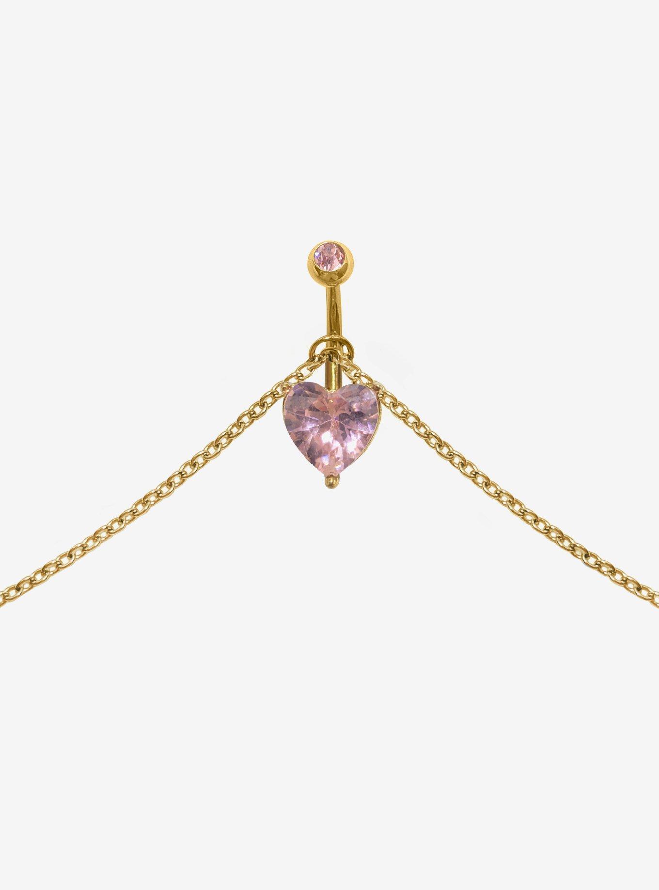 Steel Gold Pink Heart Navel Barbell & Belly Chain, , hi-res
