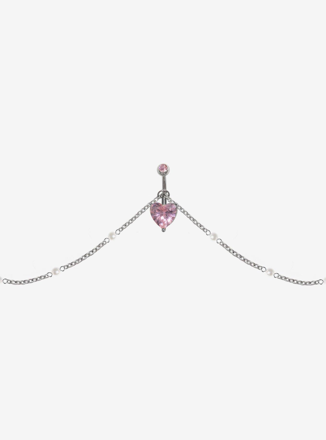 Steel Silver Pink Heart Navel Barbell & Belly Chain, , hi-res