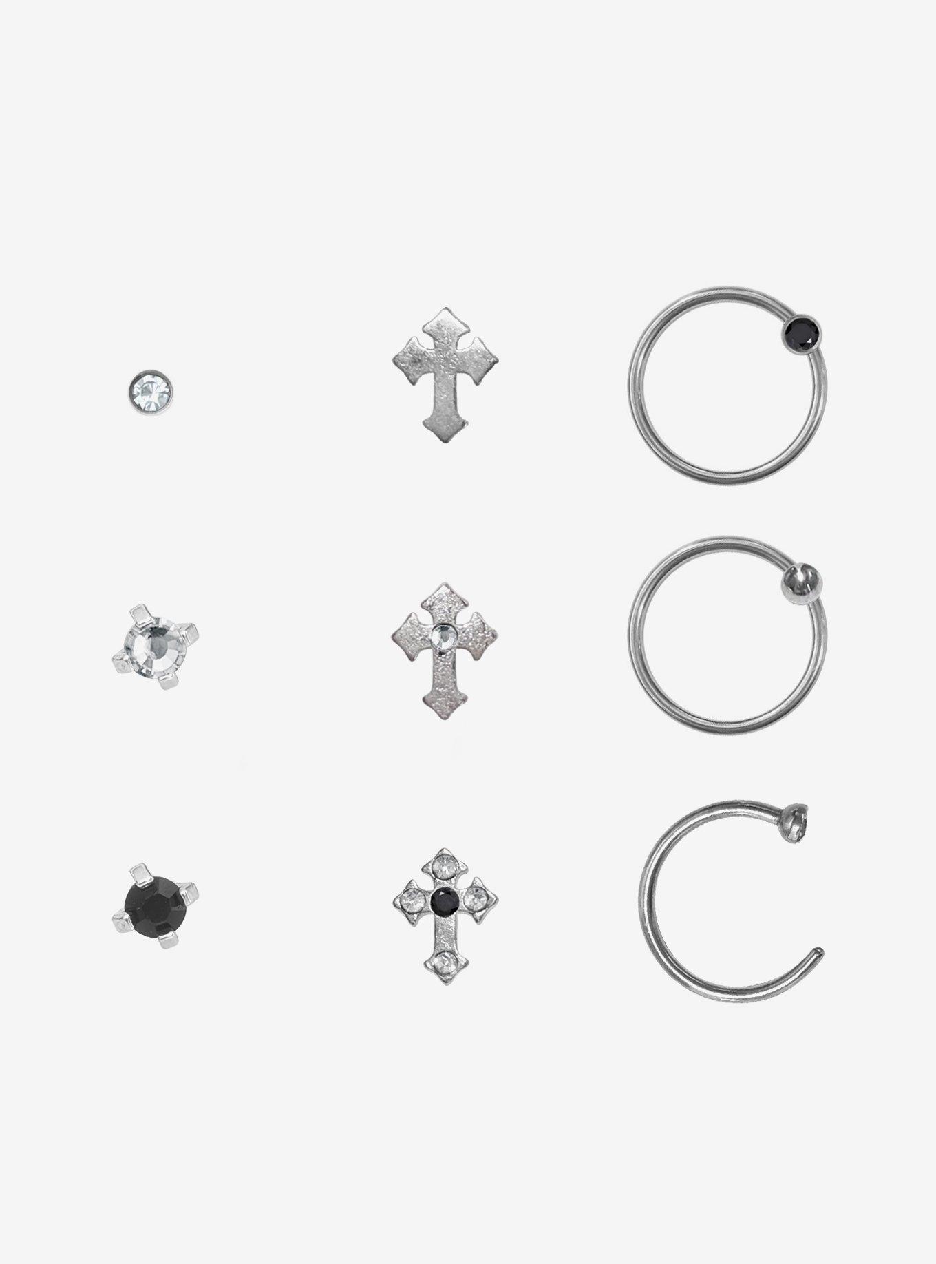 Steel Cross Gem Nose Stud & Hoop 9 Pack