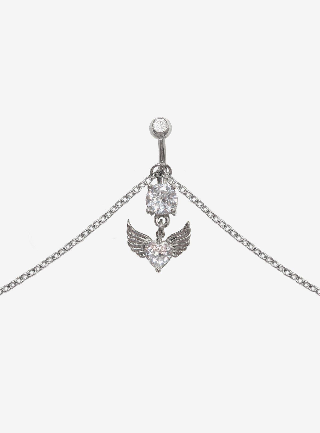 Steel Bling Winged Heart Navel Barbell & Belly Chain, , hi-res