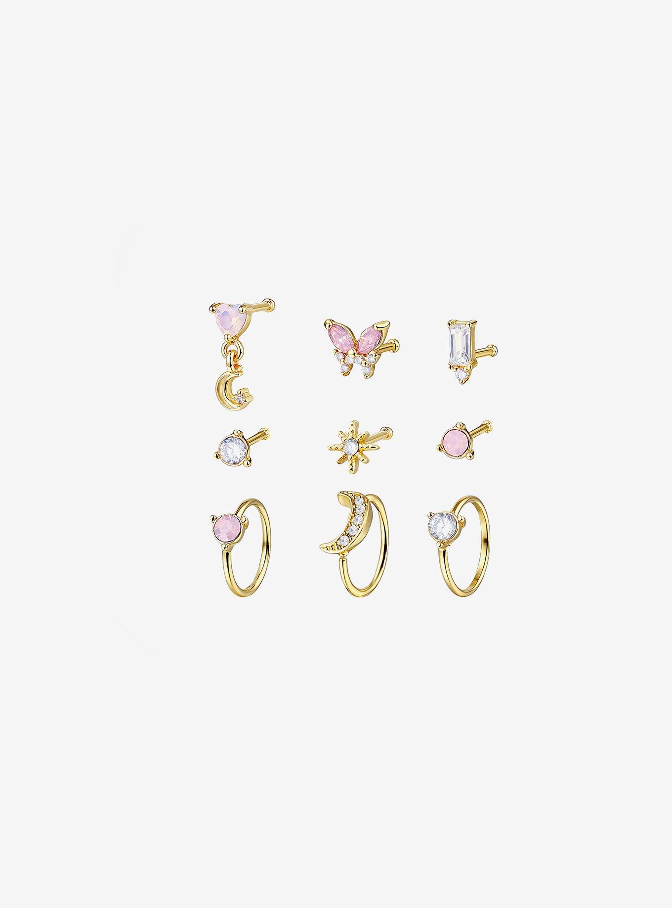 Steel Pink Butterfly Celestial Nose Stud & Hoop 9 Pack