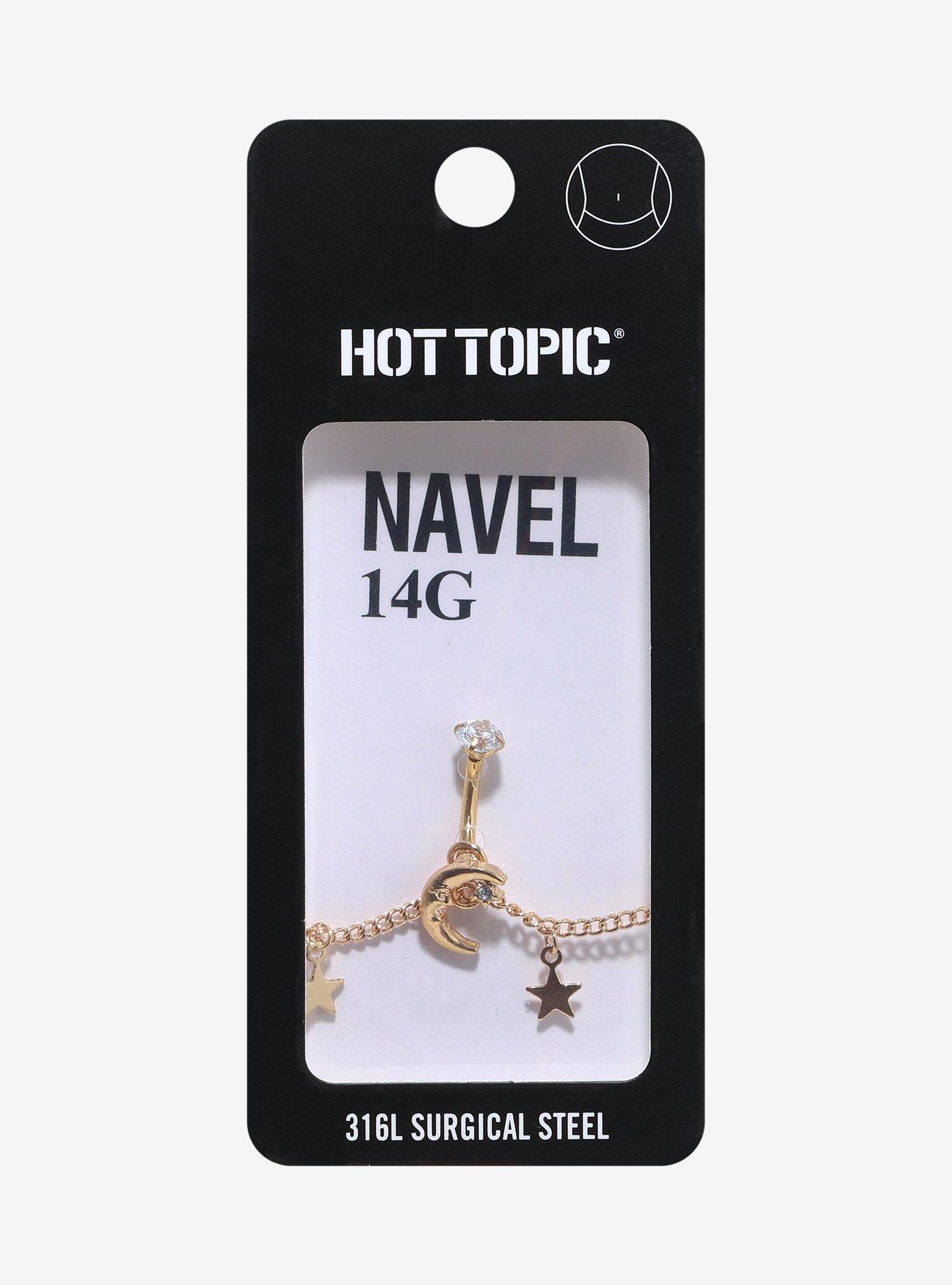 14G Steel Gold Moon & Stars Navel Barbell & Belly Chain, , hi-res