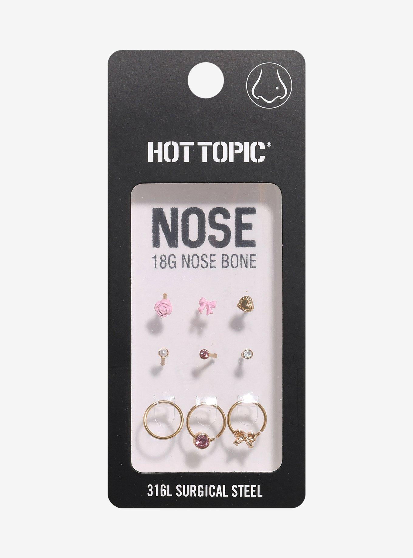 18G Steel Pink Rose Bow Nose Stud & Hoop 9 Pack, , hi-res