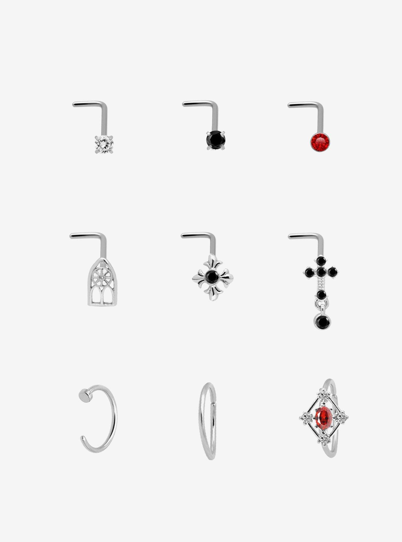 Steel Gothic Cathedral Cross Nose Stud & Hoop 9 Pack